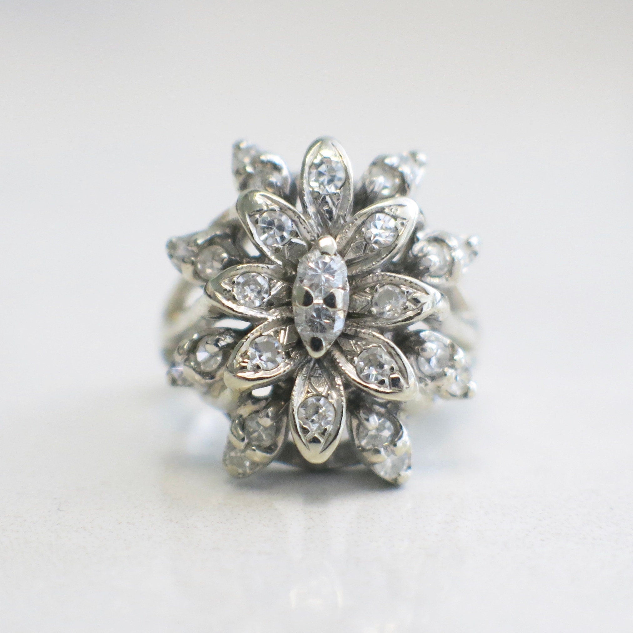 14K White Gold Vintage Diamond Floral Cluster Ring – Early 1900s Milgrain, Size 4 - Black Market LLC