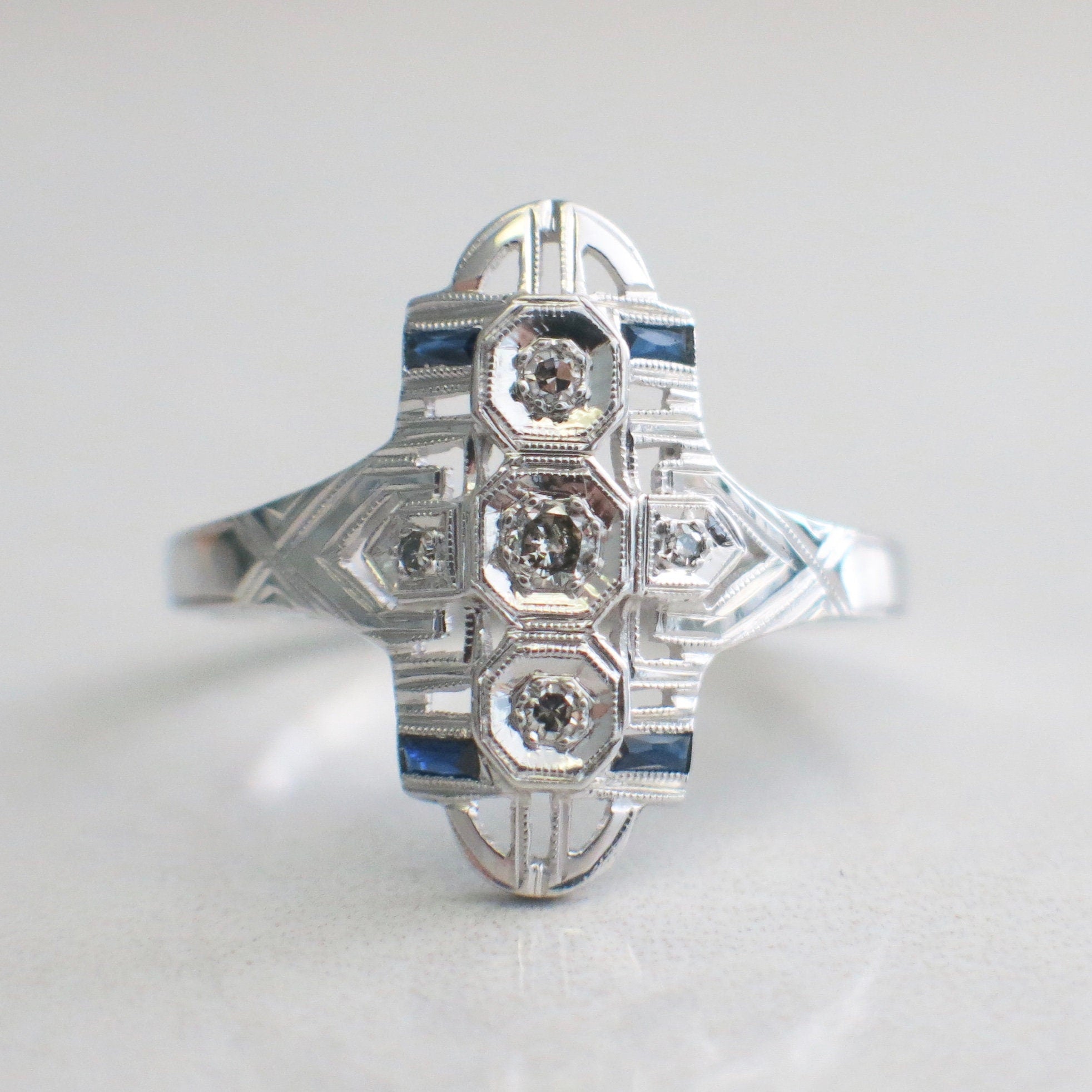 Art Deco Diamond and Sapphire Ring – 14K White Gold Vintage Style, Size 11 - Black Market LLC