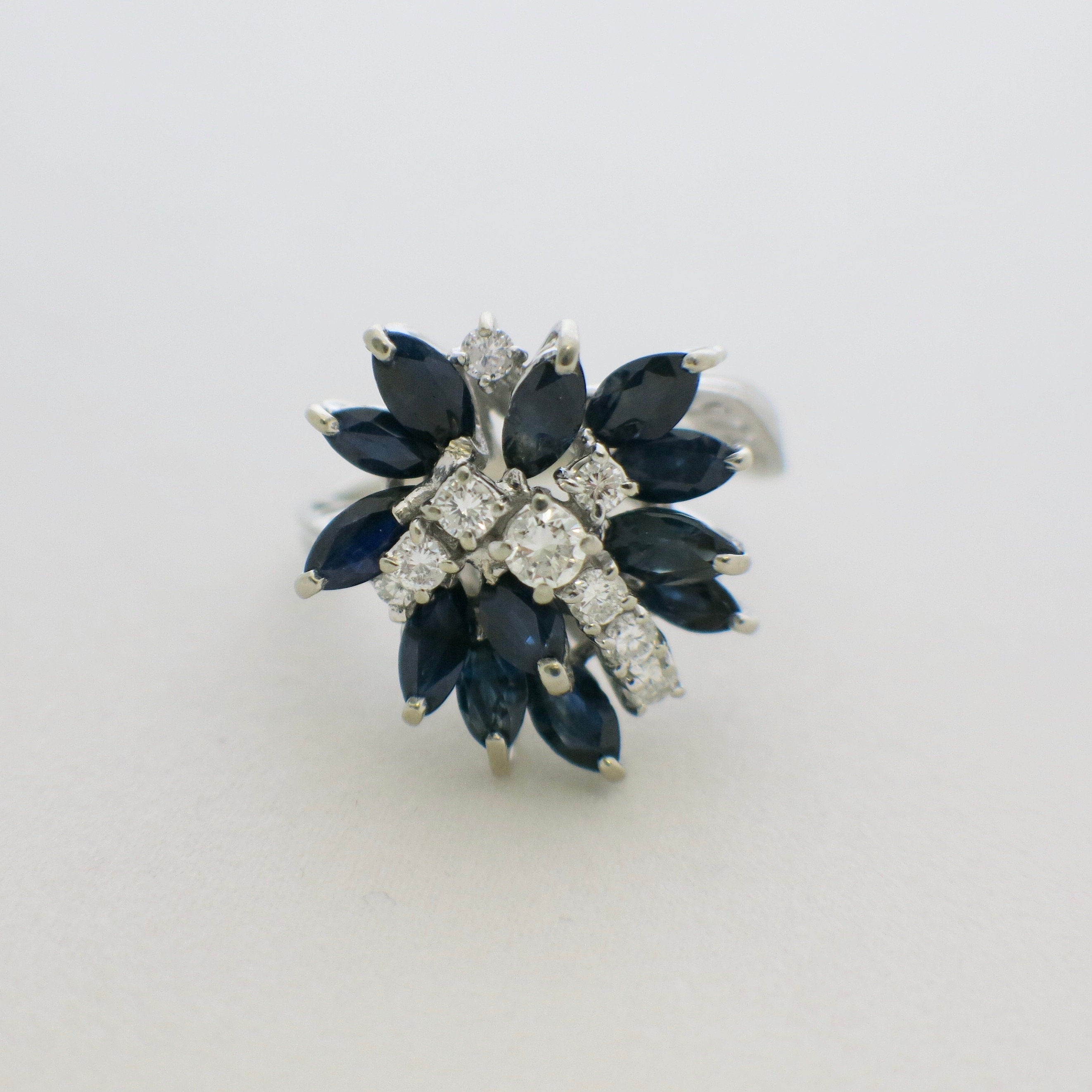 18K White Gold Marquise Sapphire & Diamond Cluster Ring – Vintage Statement, Size 7 - Black Market LLC