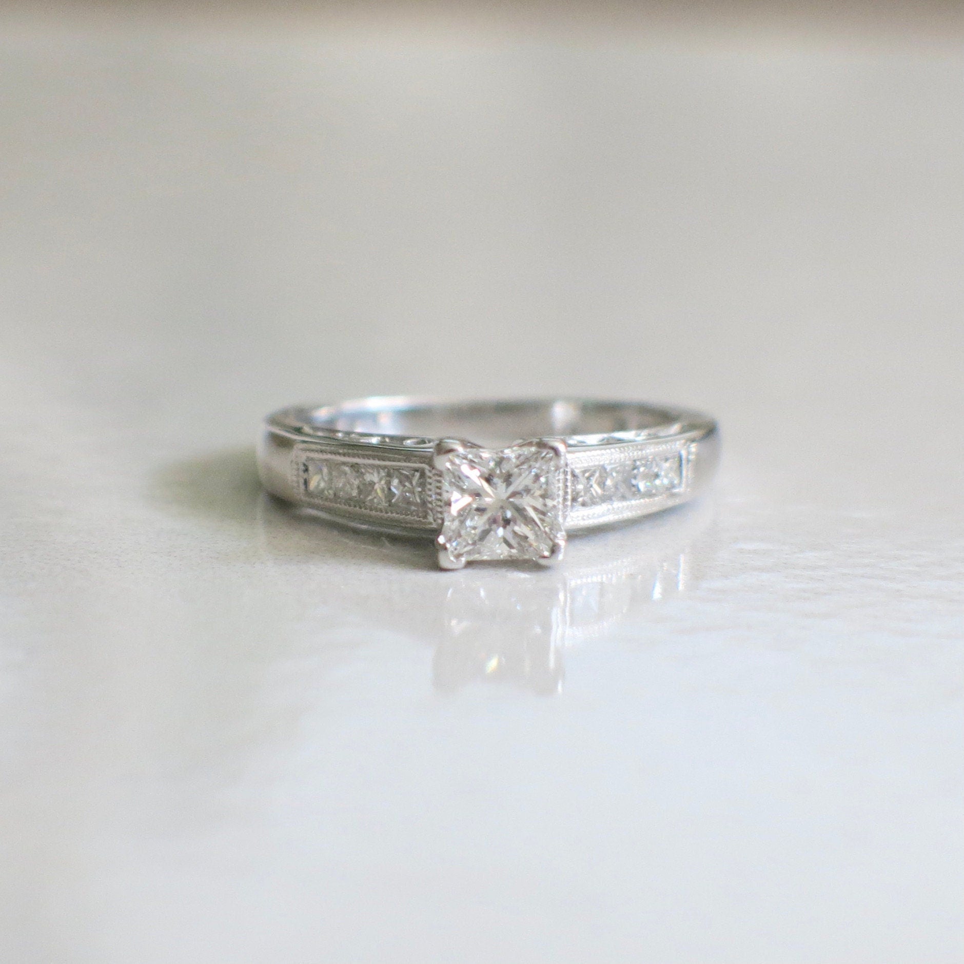 14K White Gold Princess Cut Diamond Engagement Ring – Milgrain Accents, .75 CTW, Size 6.25 - Black Market LLC