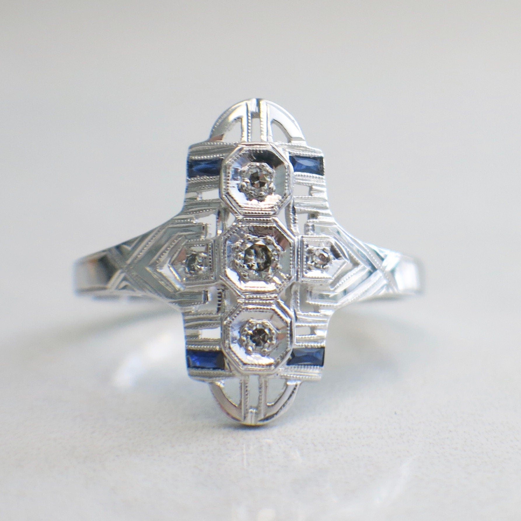 Art Deco Diamond and Sapphire Ring – 14K White Gold Vintage Style, Size 11 - Black Market LLC