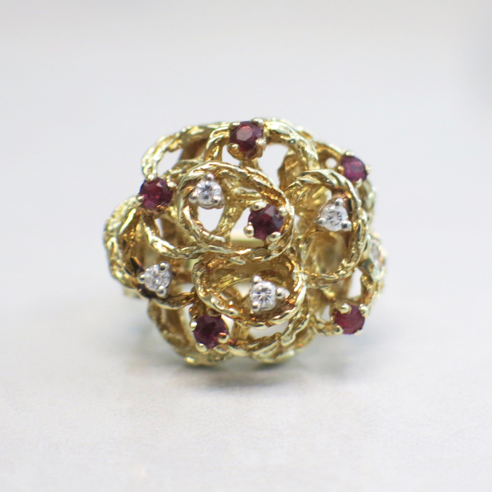 Vintage 14K Yellow Gold Ruby Diamond Flower Ring – Handmade Cluster Cocktail Ring, Size 8 - Black Market LLC