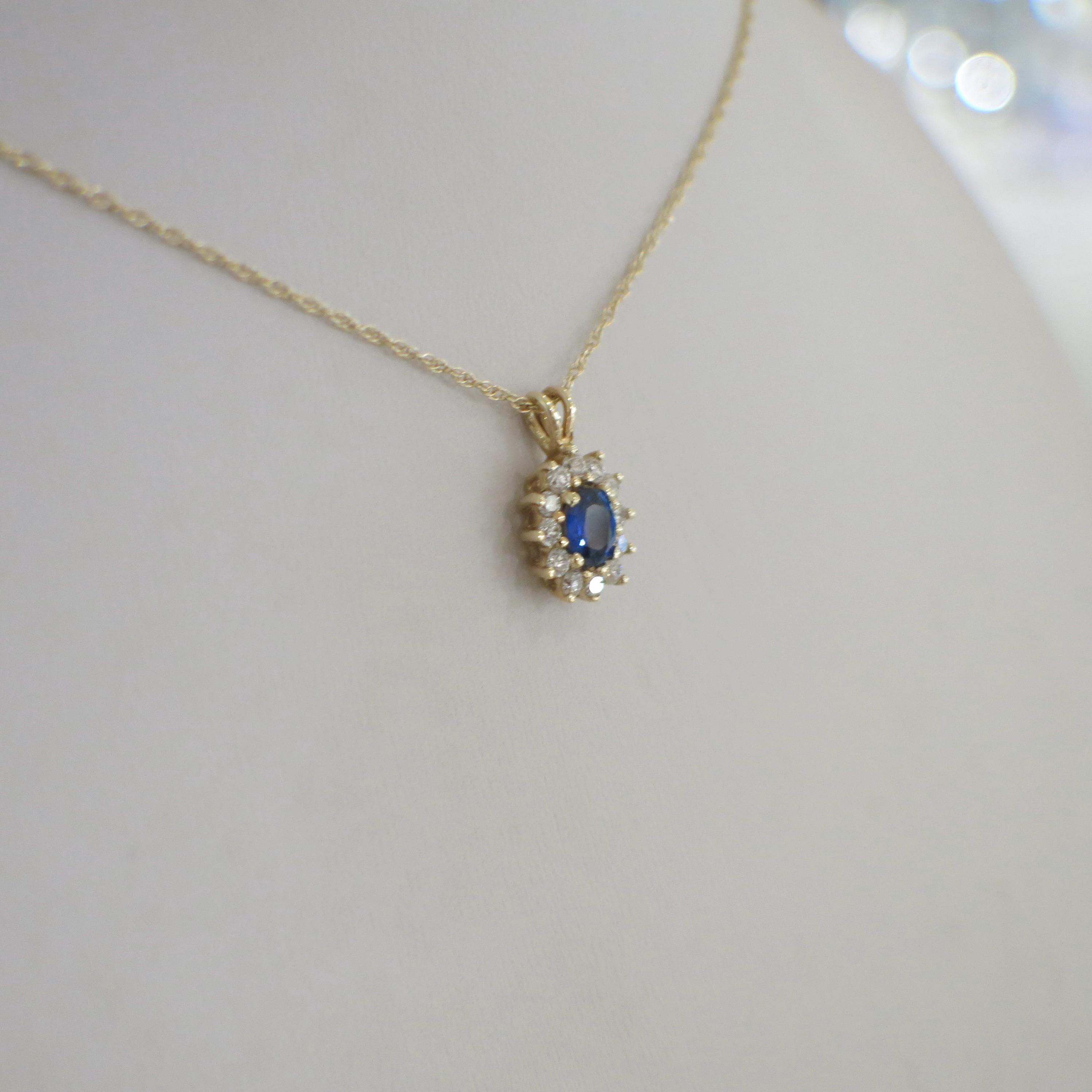 14K Yellow Gold Oval Sapphire & Diamond Halo Necklace – 20 Inch, Blue Gemstone Pendant - Black Market LLC