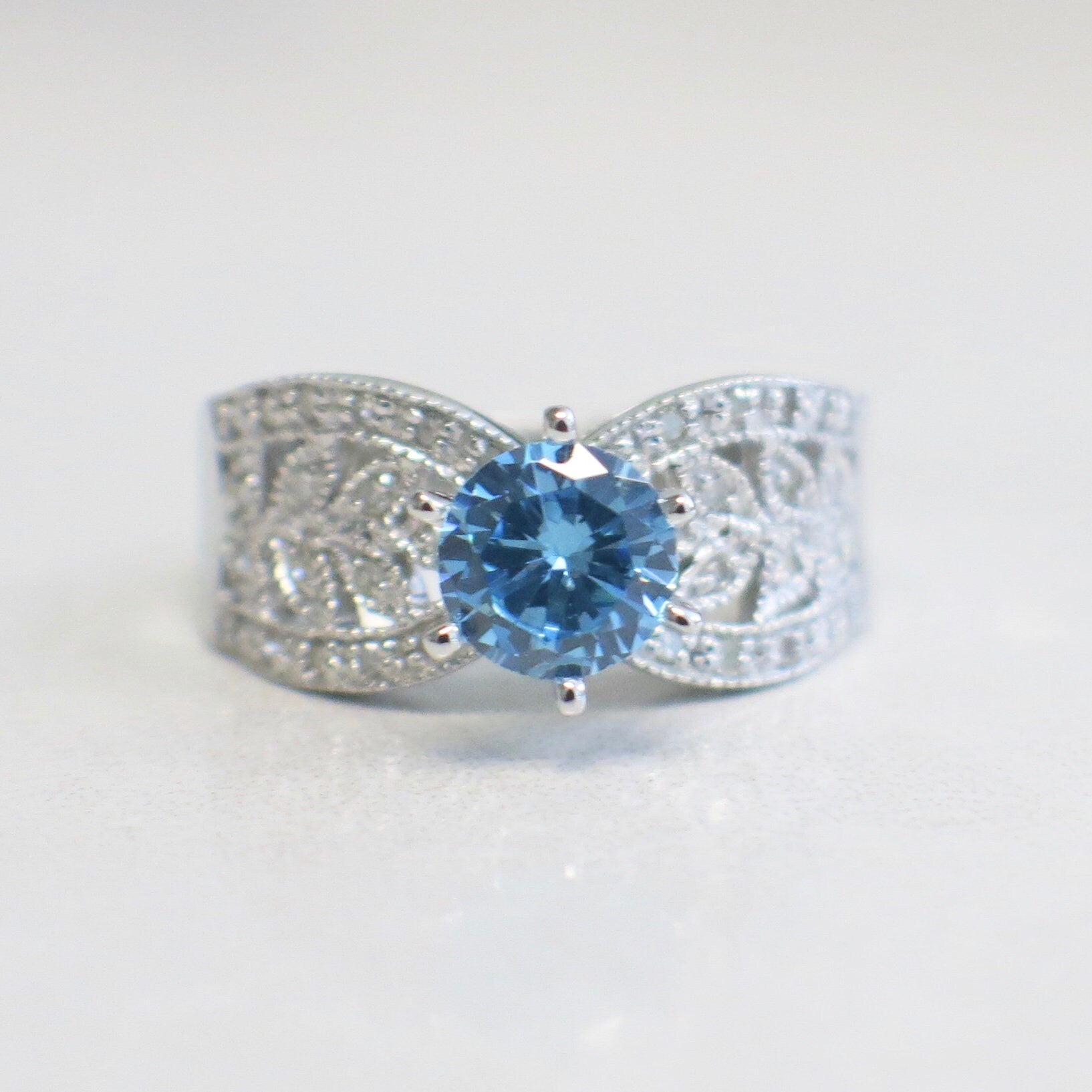 10K White Gold Blue Glass & Diamond Ring | Vintage-Inspired Scroll Design Size 7 - Black Market LLC