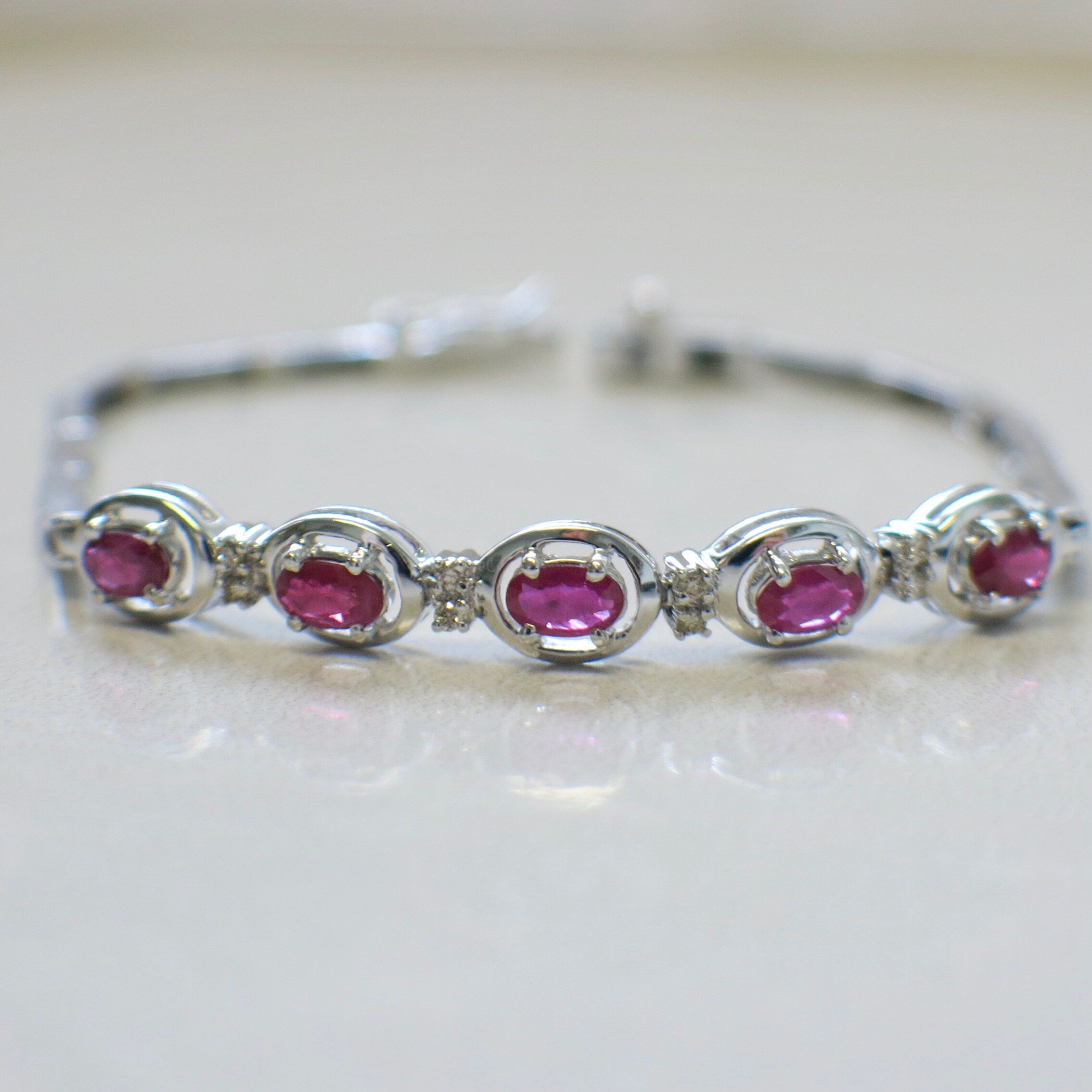 14K White Gold Ruby and Diamond Bracelet | 7 Inch East-West Oval Ruby Vintage Tennis Style - Black Market LLC