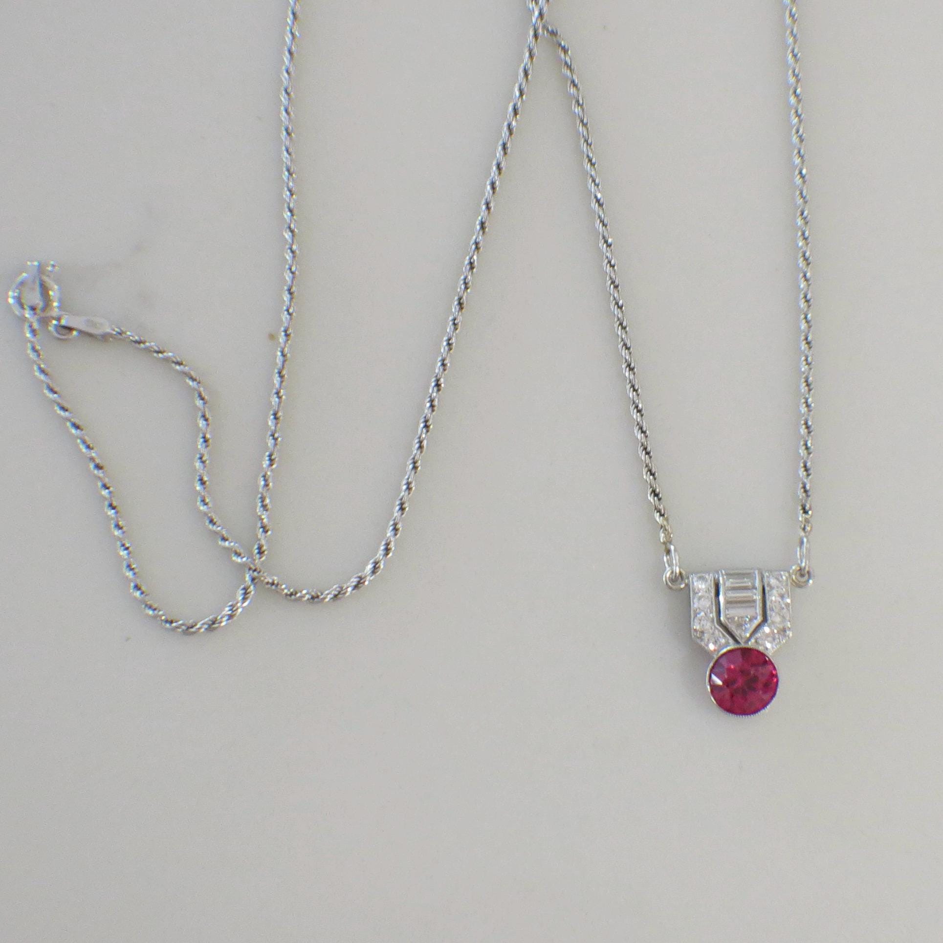 Art Deco 14K White Gold Diamond & Pink Glass Necklace – Vintage 1920s Style, 21 Inch - Black Market LLC