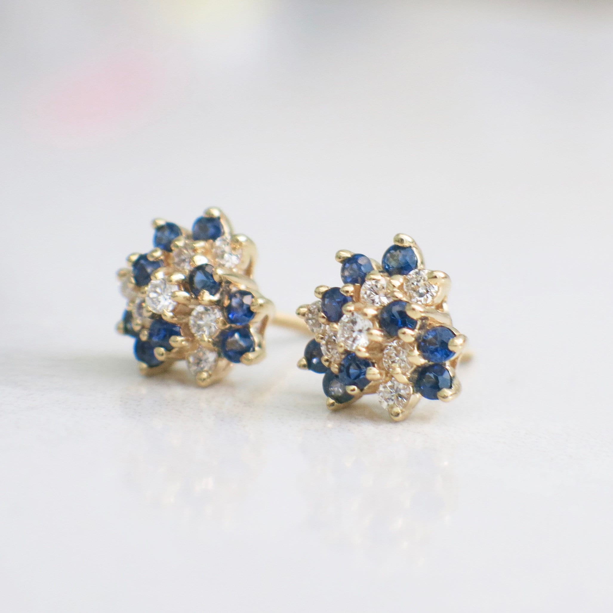 14K Yellow Gold Sapphire & Diamond Cluster Earrings | Vintage Floral Studs with Threaded Backs - Black Market LLC