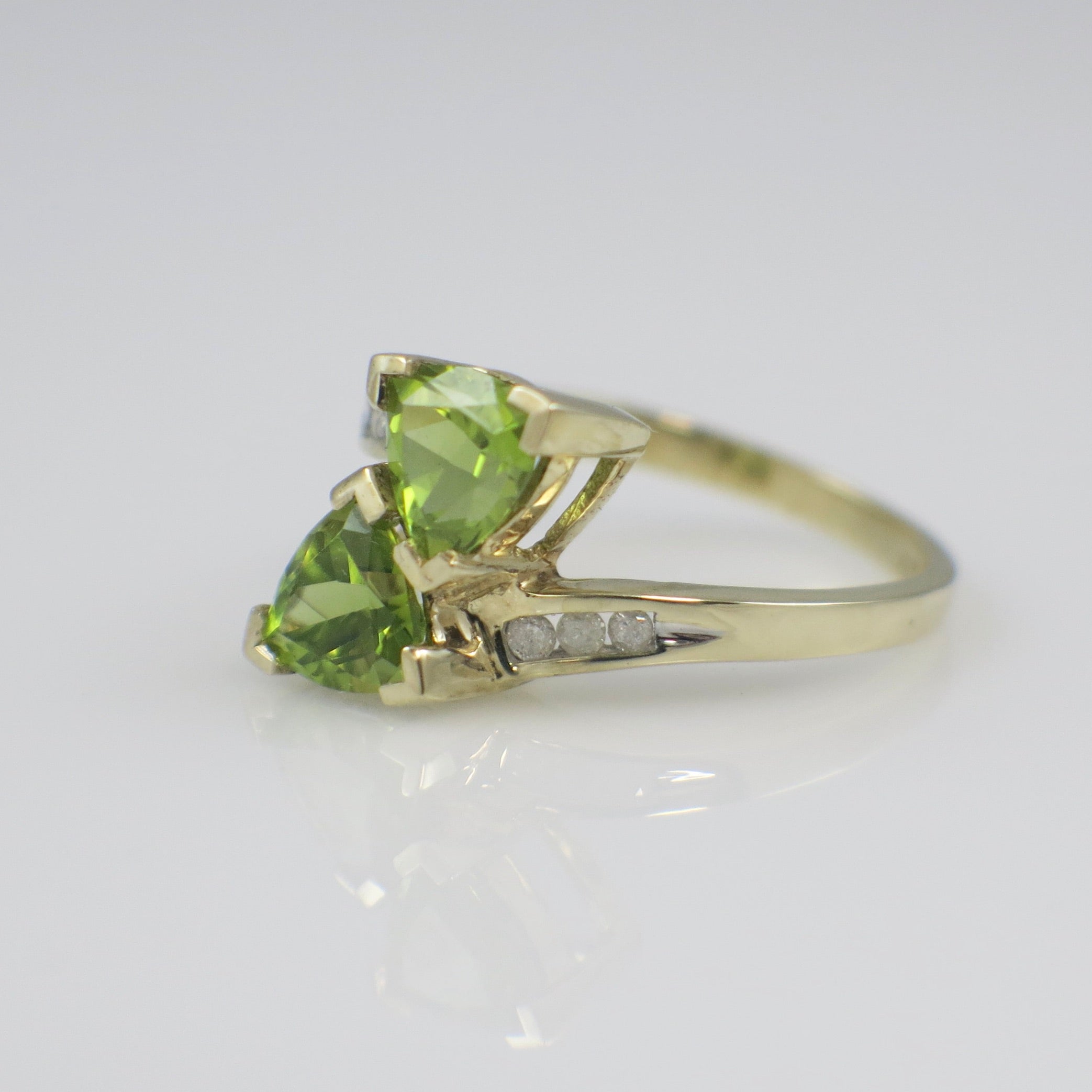 10K Yellow Gold Peridot Ring – Trillion Cut Bypass Ring with Diamond Accents