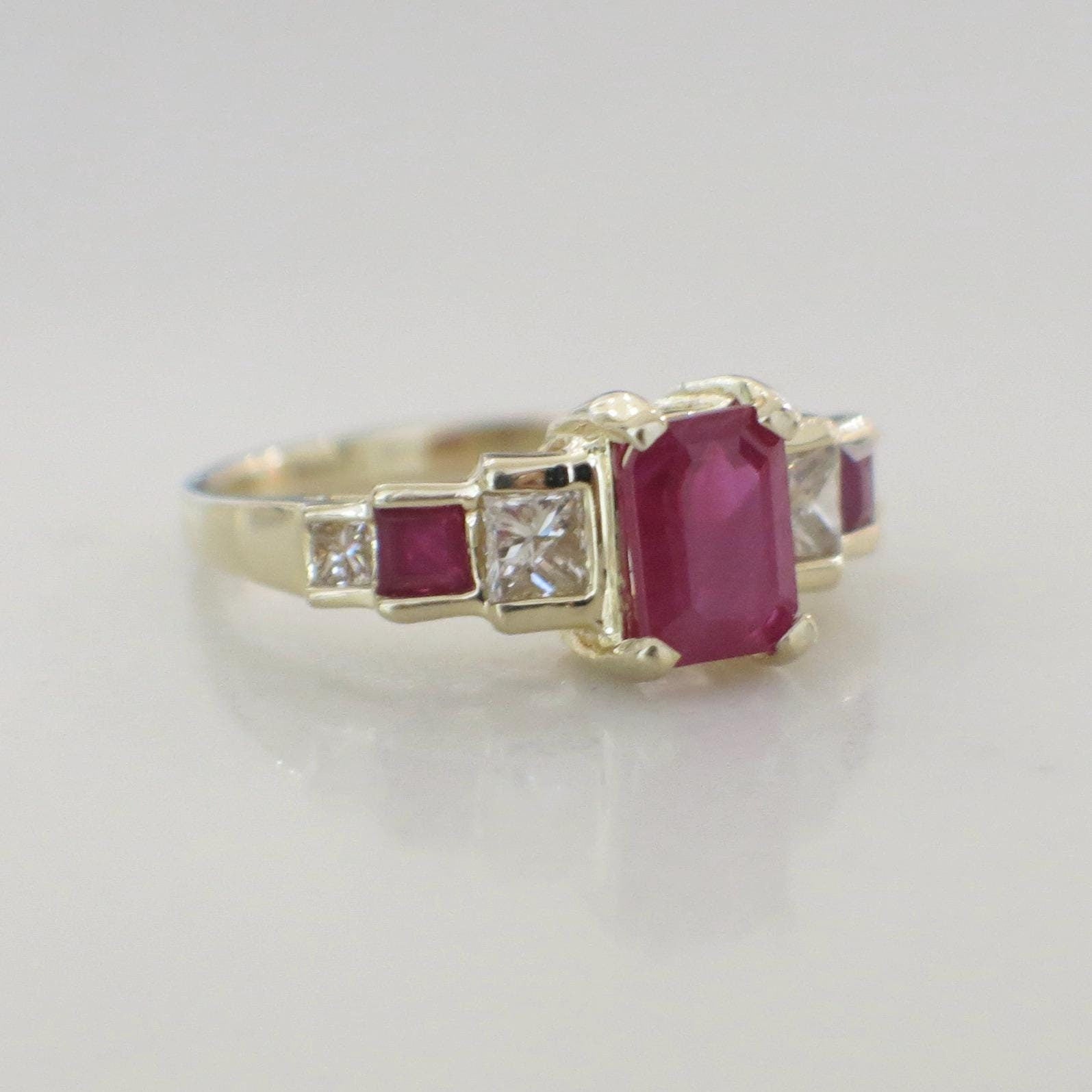 14K Yellow Gold Ruby and Diamond Ring | Emerald Cut Ruby with Side Accents Size 6.75 - Black Market LLC