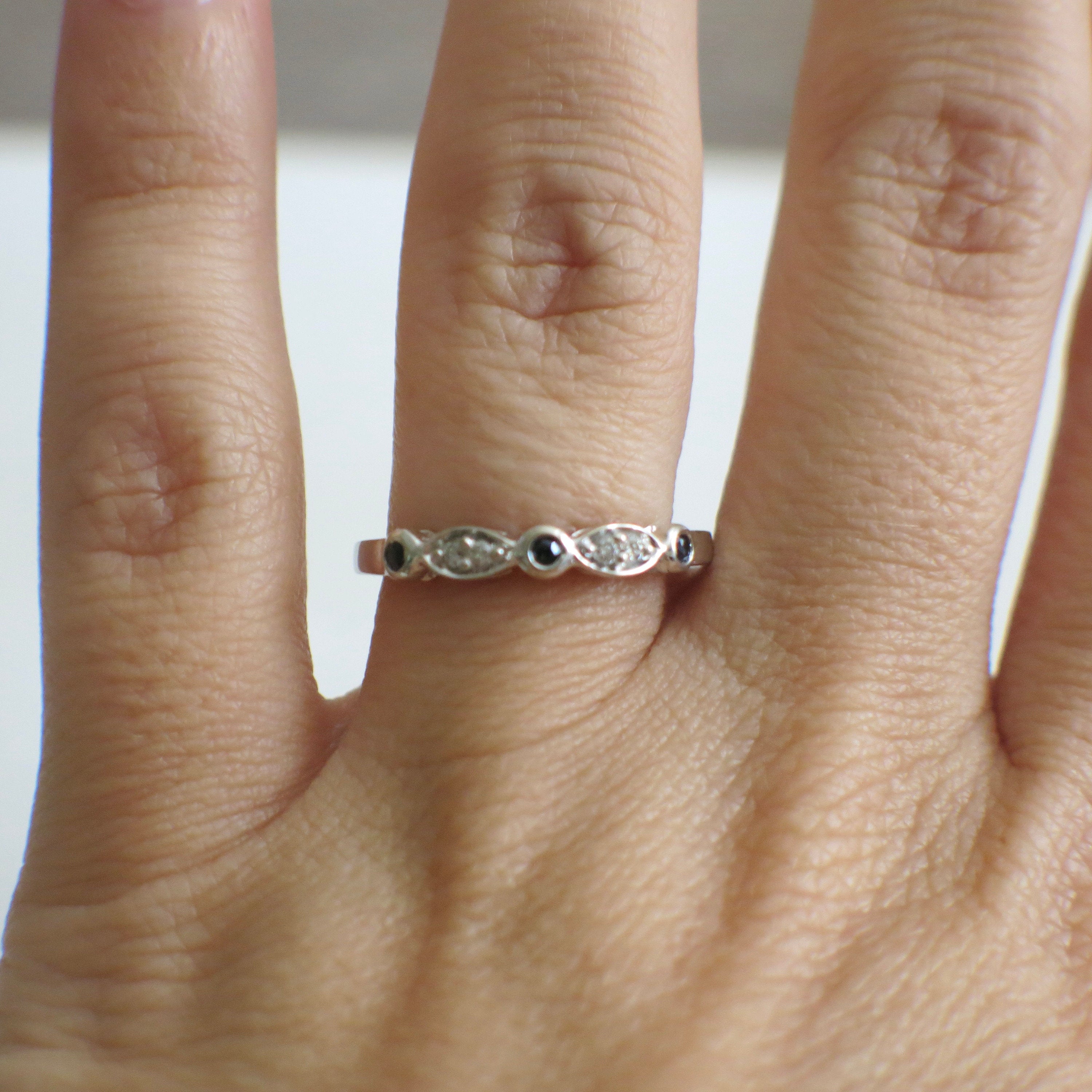 10K White Gold Diamond and Sapphire Band | Vintage Bezel Stackable Ring Size 6.75 - Black Market LLC