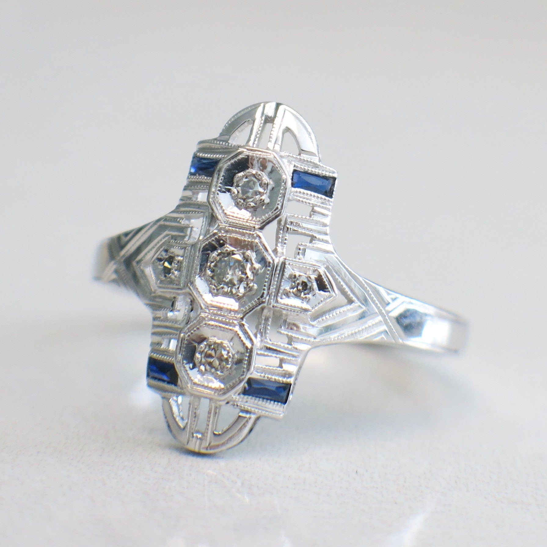 Art Deco Diamond and Sapphire Ring – 14K White Gold Vintage Style, Size 11 - Black Market LLC