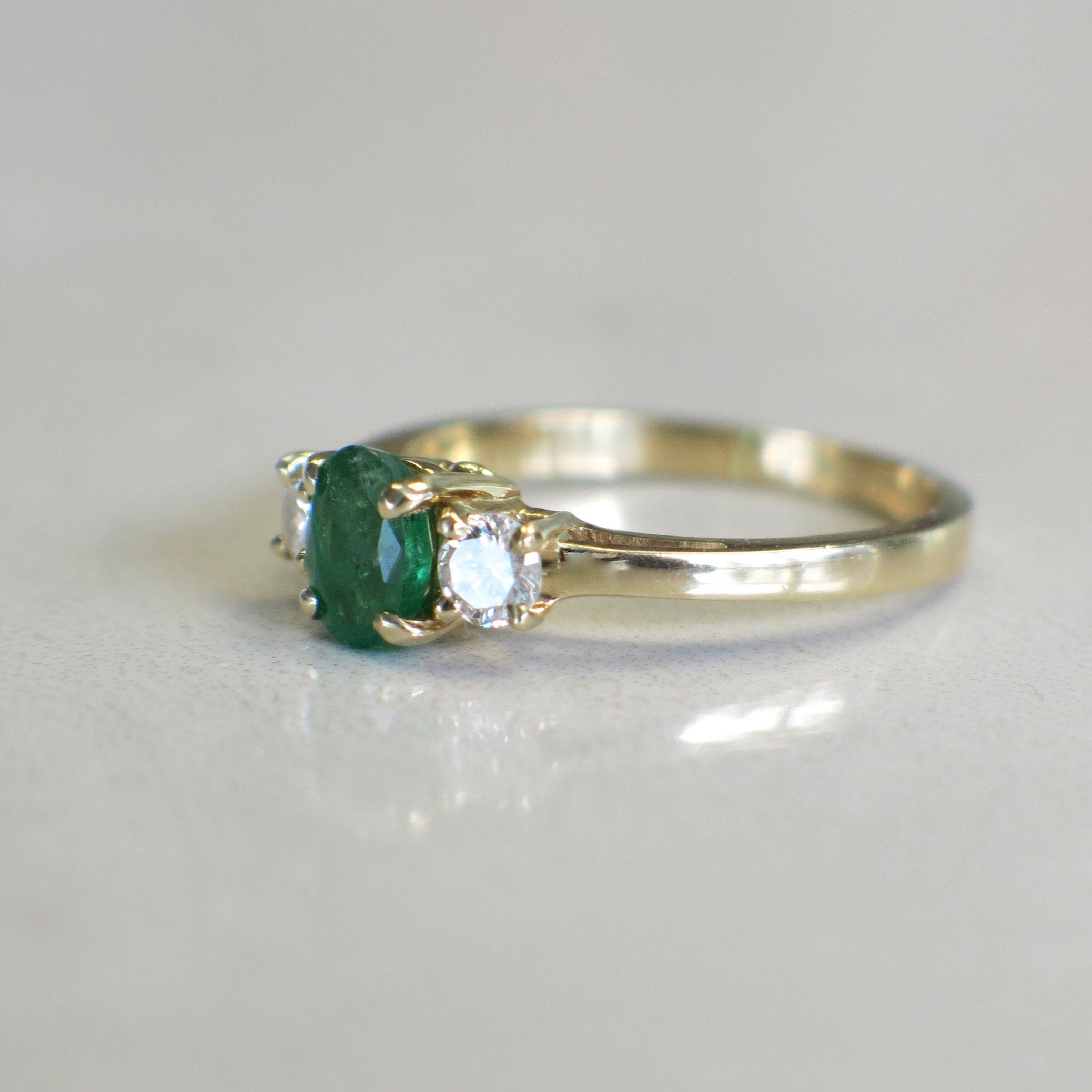 14K Yellow Gold Emerald and Diamond Three-Stone Ring | Classic Engagement or Anniversary - Black Market LLC