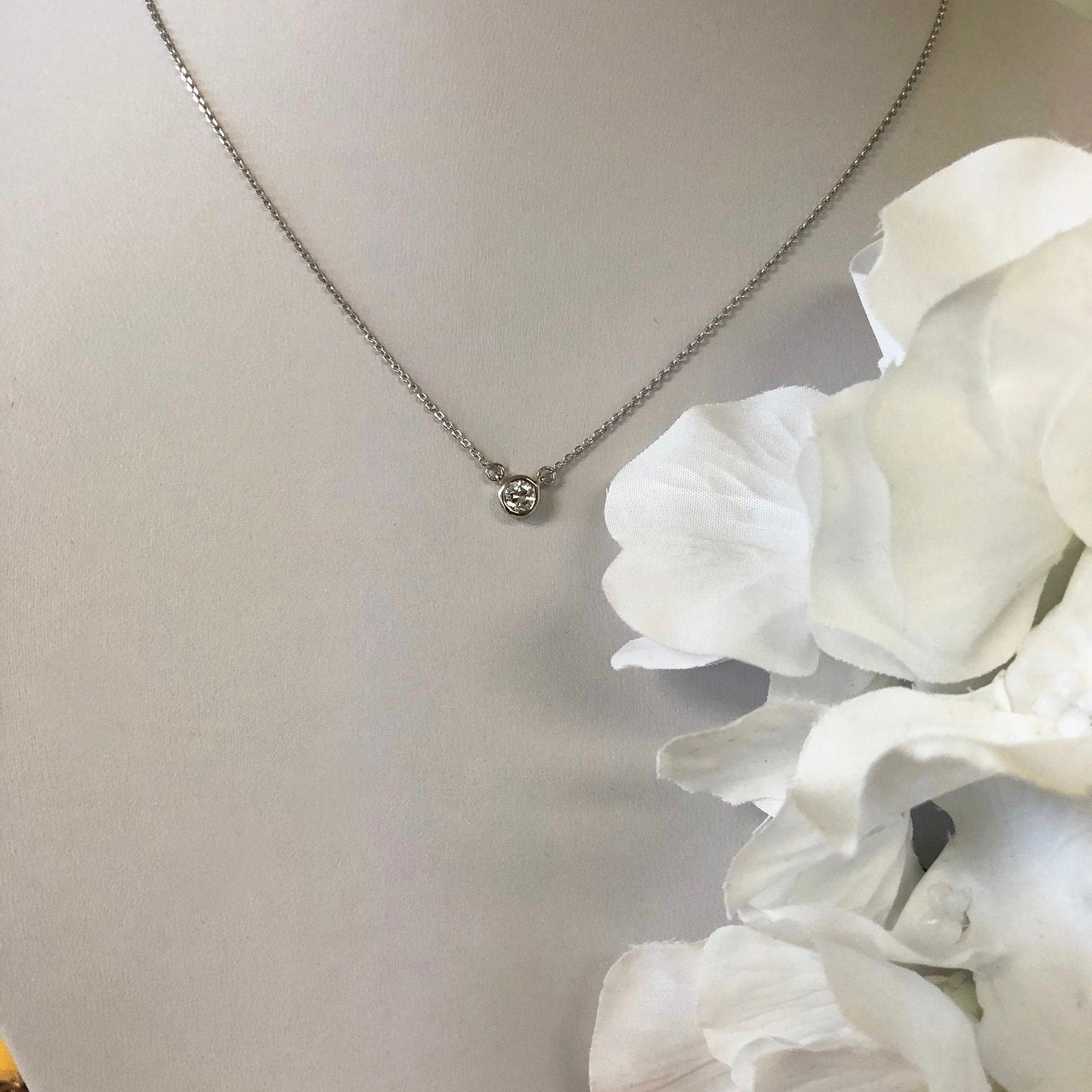 14K Gold Diamond Bezel Necklace | Custom Solitaire Pendant 16 or 18 Inch - Black Market LLC