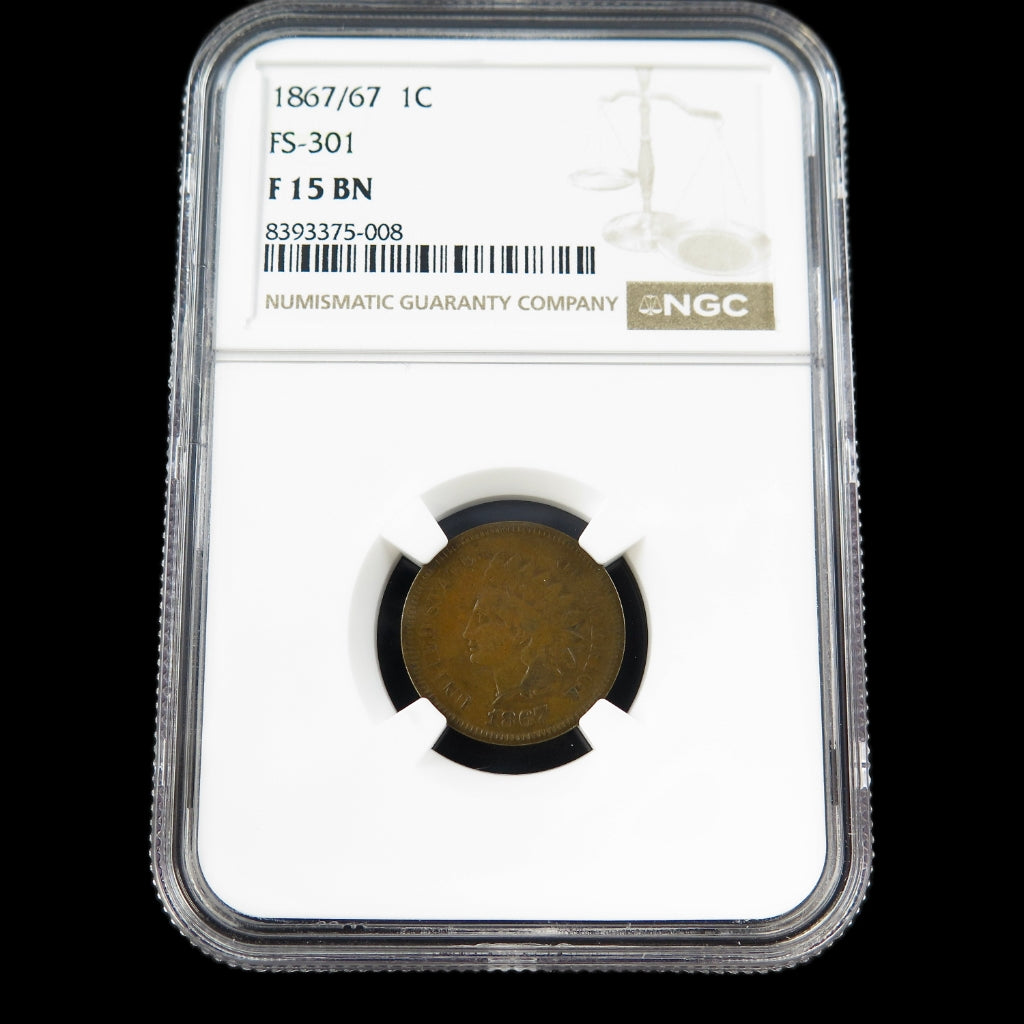 1867/67 Indian Head Cent – FS-301 Doubled Die – NGC F15 – Early U.S. Copper Coin - Black Market LLC