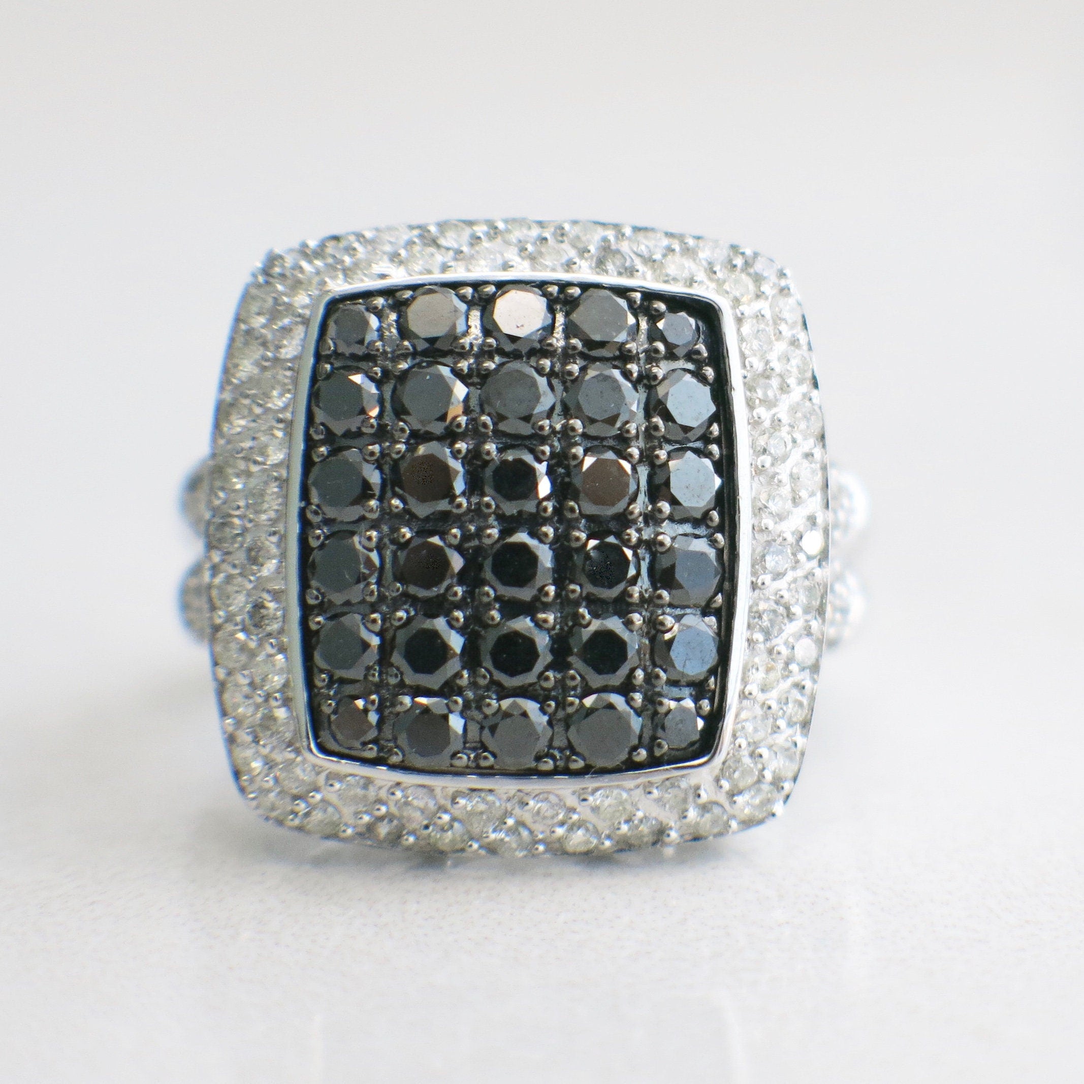 Statement Black and White Diamond Cluster Ring – 10K White Gold, 1.34 CTW, Size 6.75 - Black Market LLC