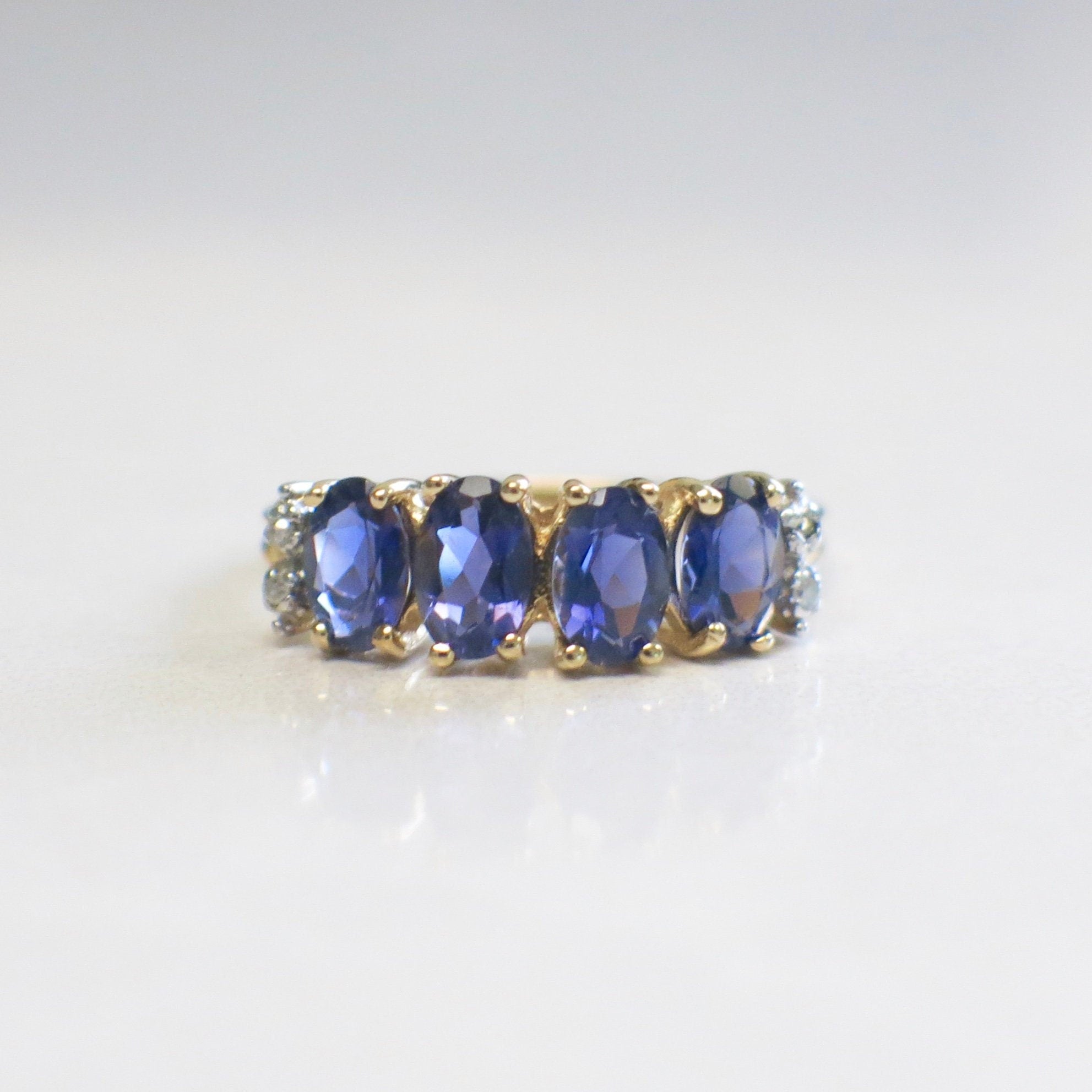 10K Yellow Gold Tanzanite and Diamond Ring – Four Oval Stones, Size 6.75 - Black Market LLC