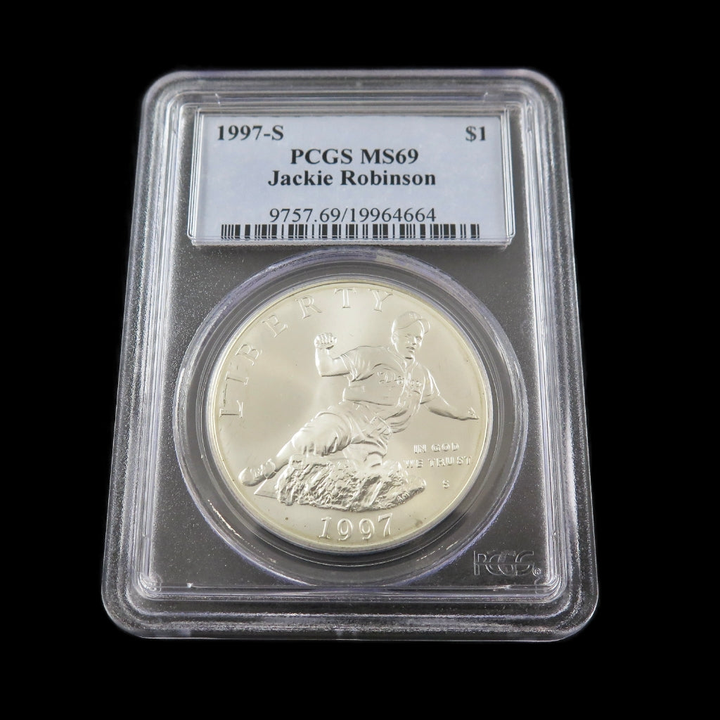 1997-S Jackie Robinson commemorative silver dollar coin, PCGS MS69, 90% silver, featuring Jackie Robinson image and details.