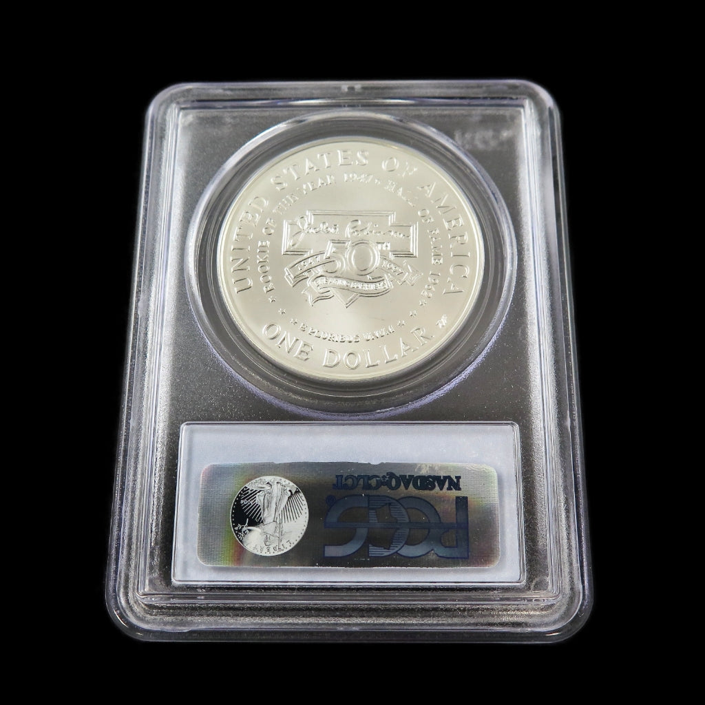 1997 Jackie Robinson commemorative silver dollar by Black Market LLC, PCGS MS69, 90% silver coin with detailed design.