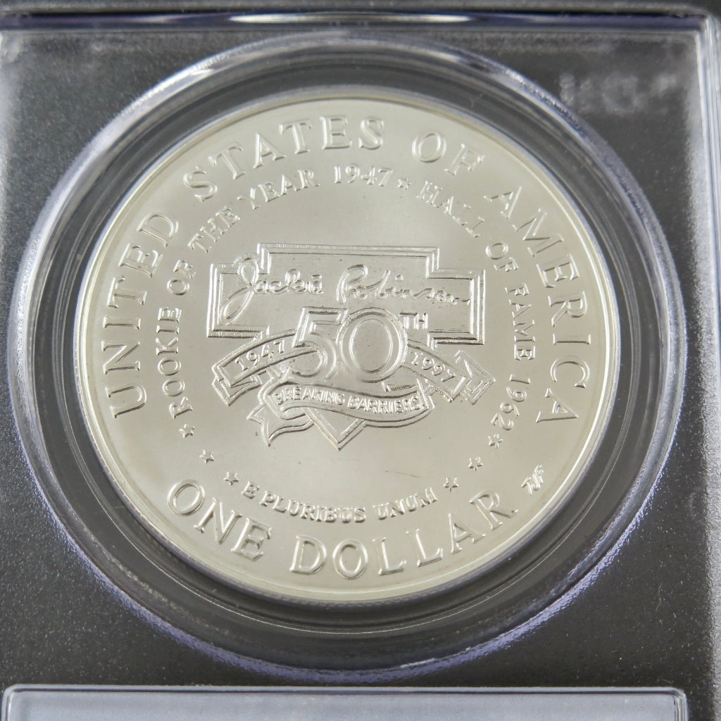 Silver dollar coin featuring Jackie Robinson, 1997-S commemorative with MS69 grade by PCGS, shown in image 414rev.jpg.