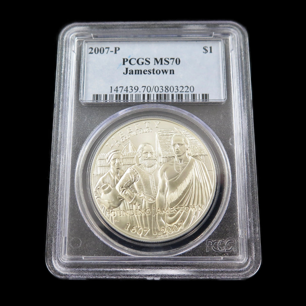 2007-P Jamestown Commemorative Silver Dollar by Black Market LLC, PCGS MS70 grade, featuring detailed historic design in 90% silver