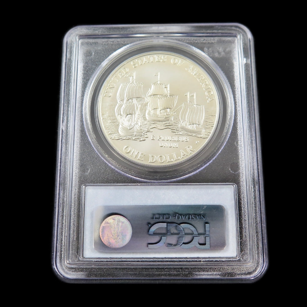 2007-P Jamestown Commemorative Silver Dollar by Black Market LLC, PCGS MS70, 90% silver coin with detailed design.
