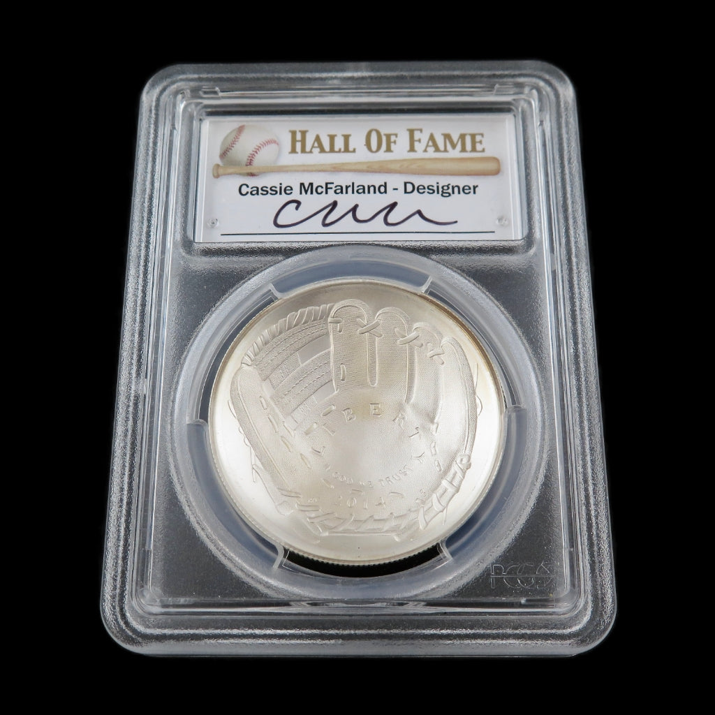2014 Baseball Hall of Fame Silver Dollar commemorative coin, MS70 PCGS First Strike, showcasing detailed baseball imagery.