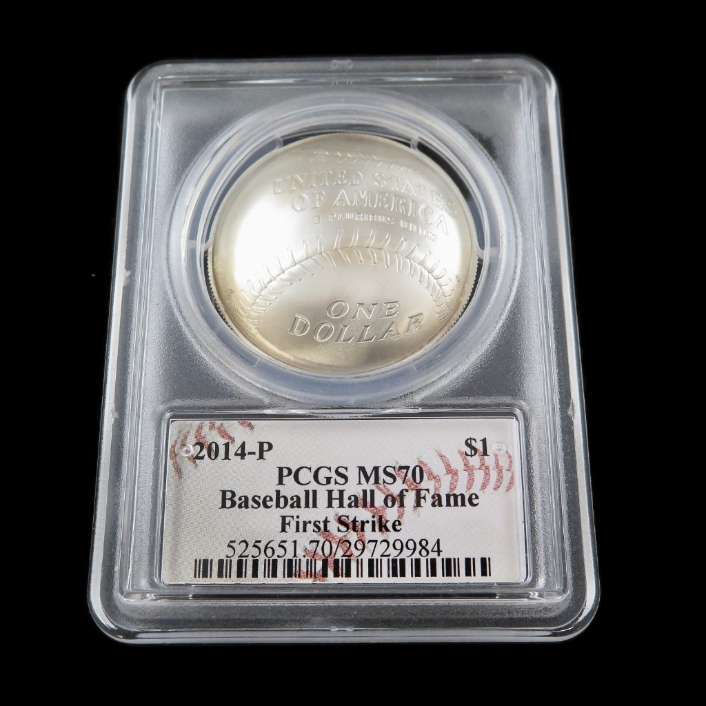 2014 Baseball Hall of Fame Silver Dollar commemorative coin, MS70 PCGS First Strike grade, featuring Hall of Fame imagery.