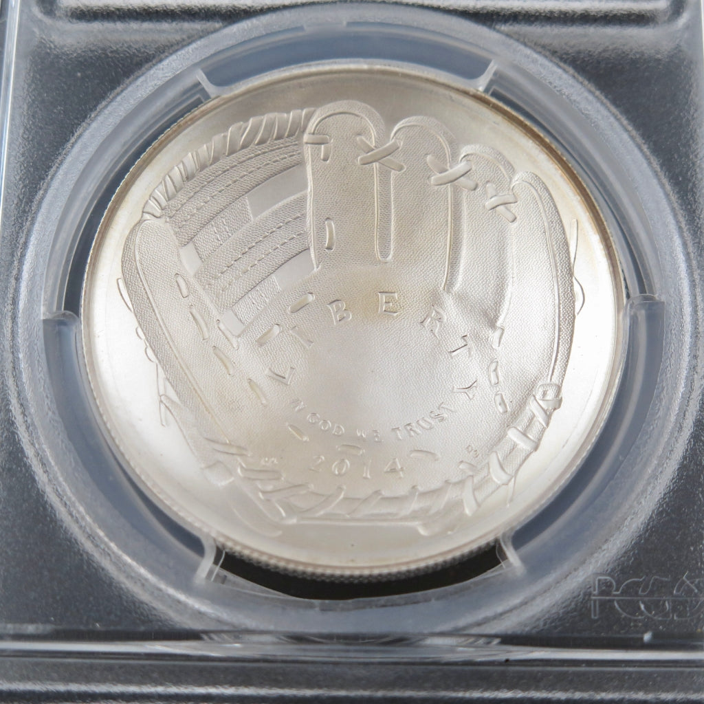 Silver dollar commemorative coin featuring Baseball Hall of Fame design, MS70 grade, first strike, issued in 2014 by Black Market LLC
