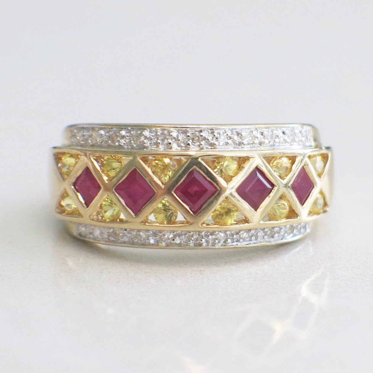 14K Yellow Gold Ruby, Citrine & Diamond Band – Princess Cut & Round Stones, Size 6 - Black Market LLC