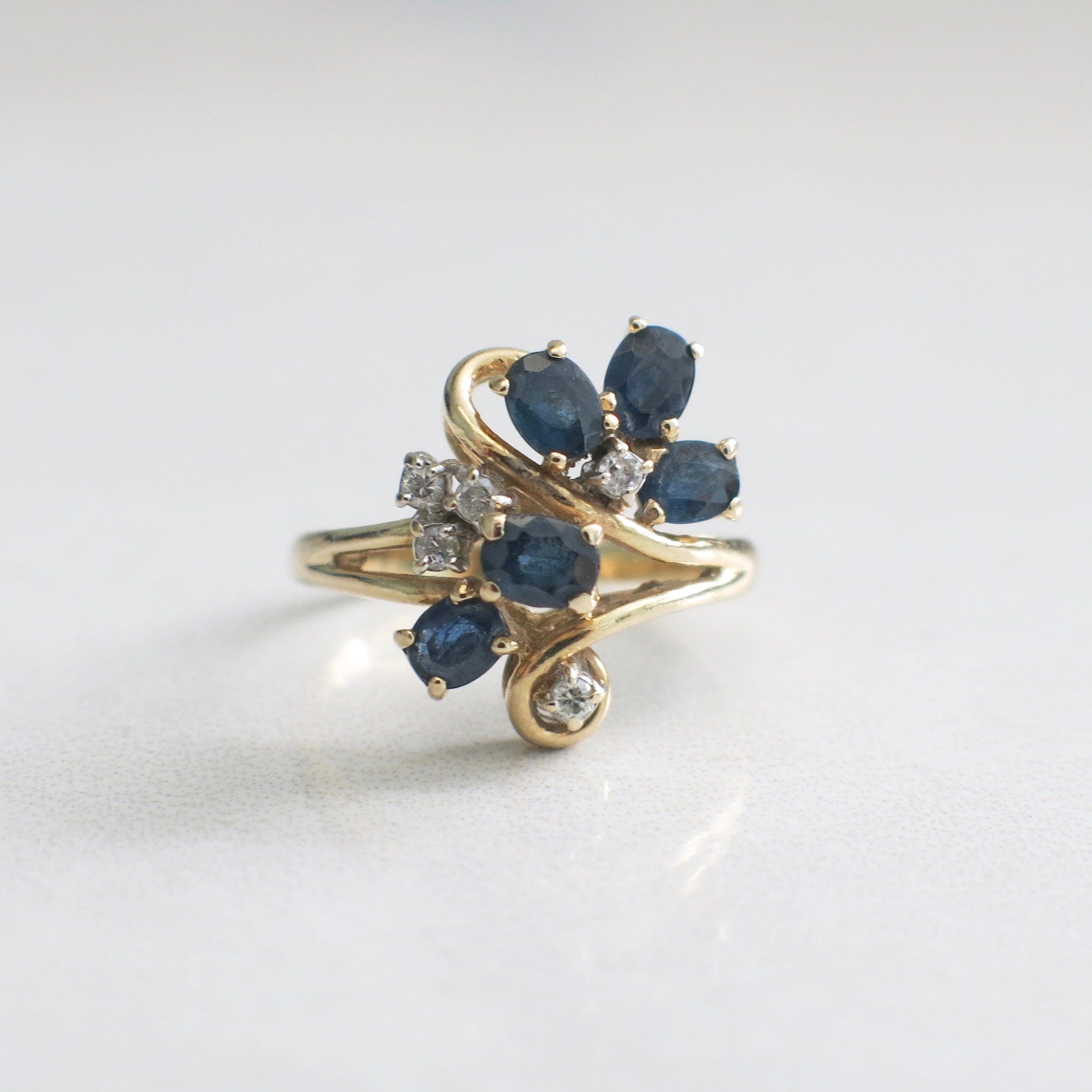 Vintage Sapphire and Diamond Scroll Ring – 14K Yellow Gold, Size 5 - Black Market LLC