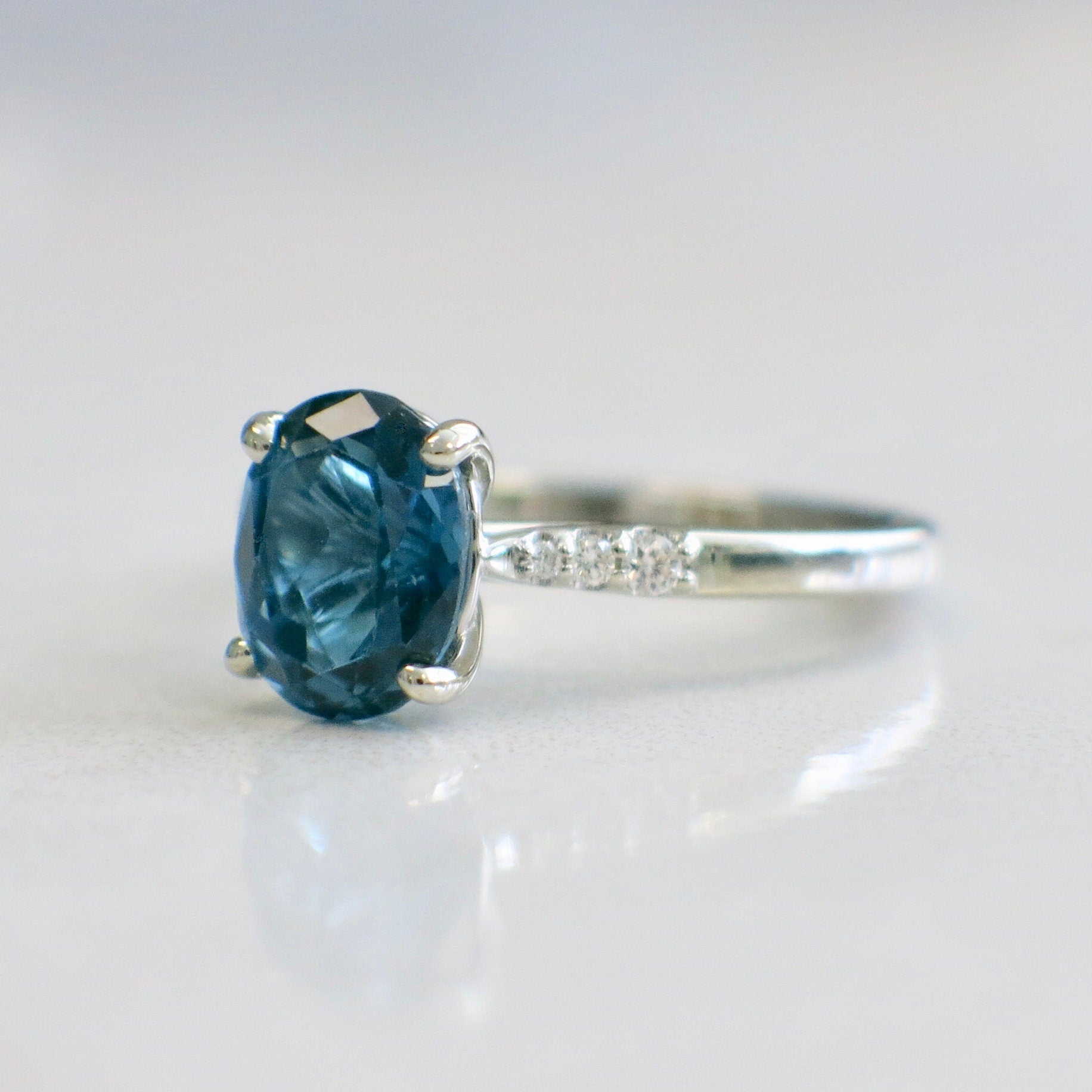 14K White Gold Oval Blue-Green Topaz & Diamond Ring | 9x7mm Alternative Engagement or Gift Size 7 - Black Market LLC