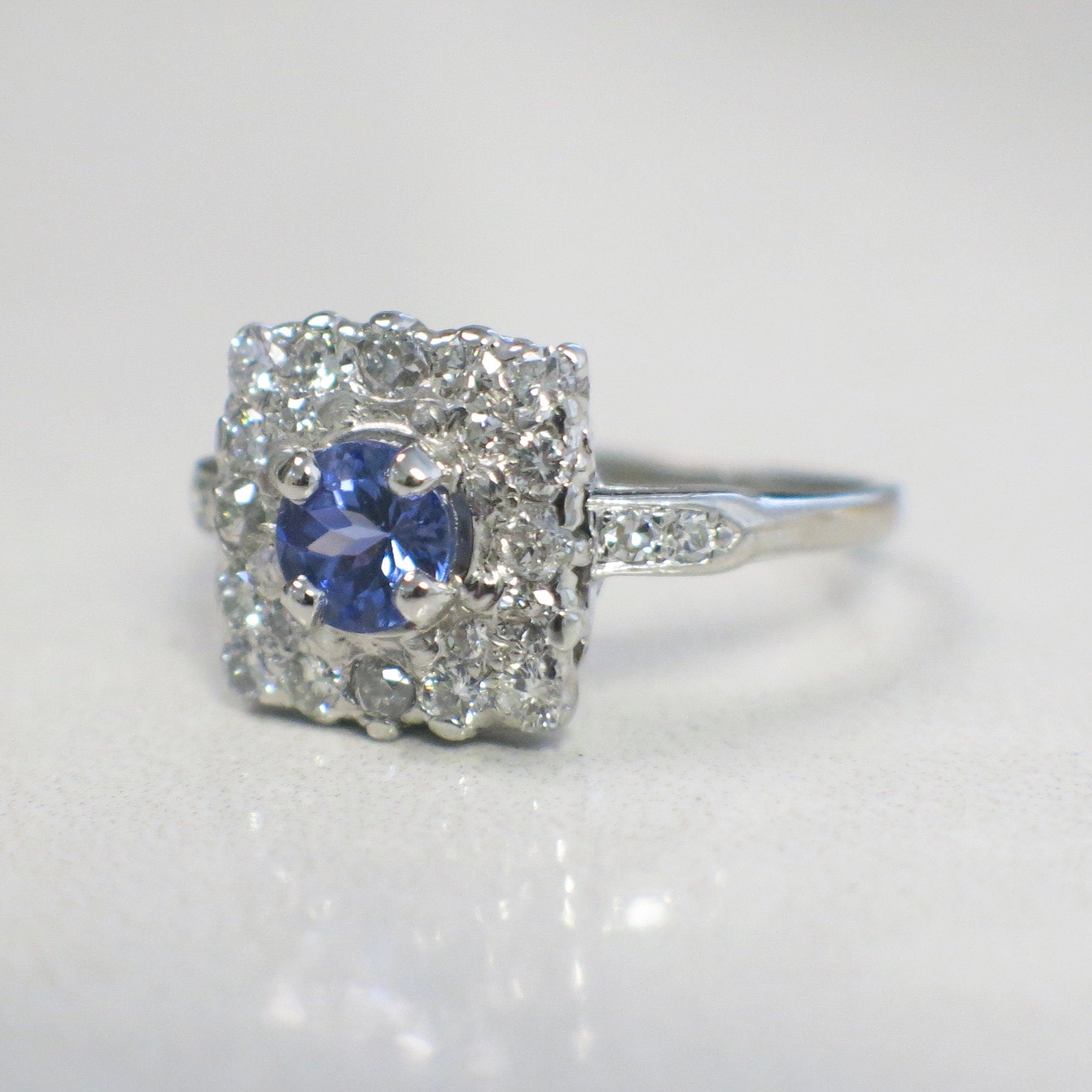 Vintage Platinum Tanzanite & Diamond Halo Ring – Square Cluster, .56 CTW Diamonds, Size 6.75 - Black Market LLC
