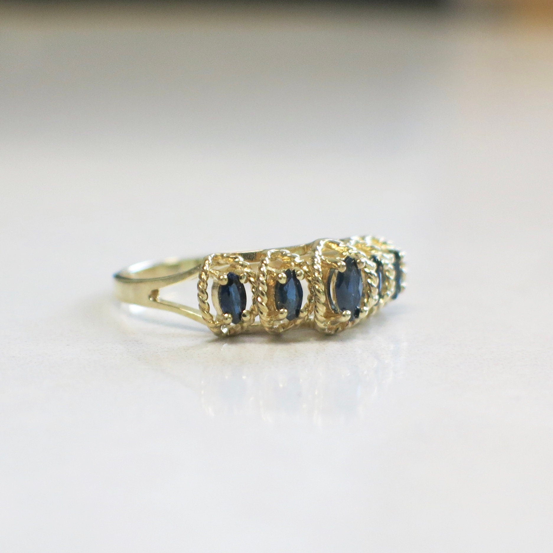 Five-Stone Sapphire Ring | Marquise Sapphires in 10K Yellow Gold Vintage Band Size 9 - Black Market LLC