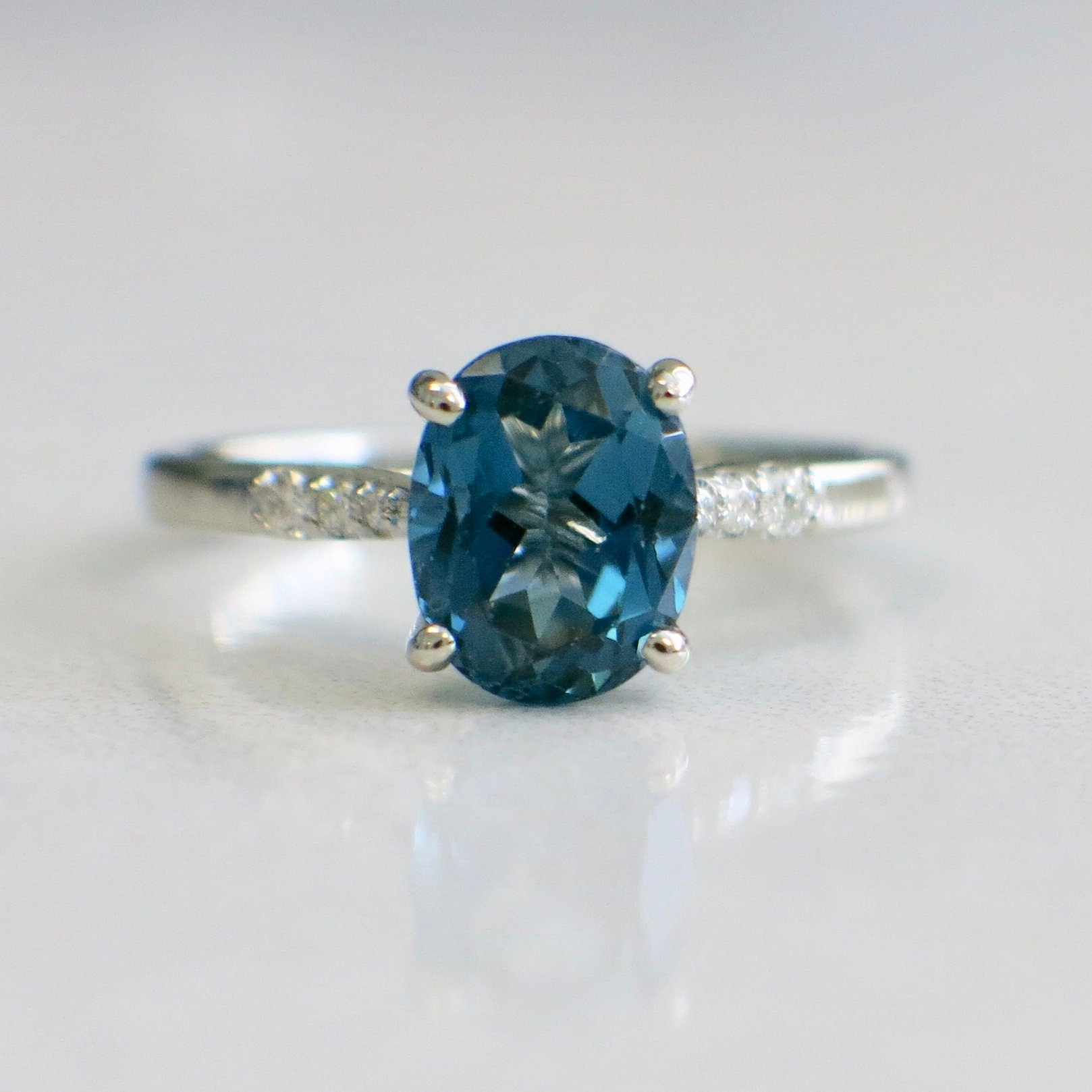 14K White Gold Oval Blue-Green Topaz & Diamond Ring | 9x7mm Alternative Engagement or Gift Size 7 - Black Market LLC