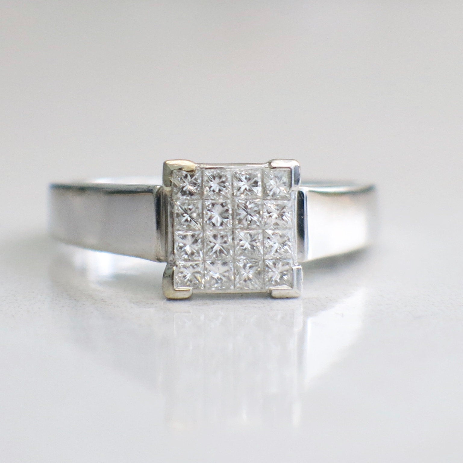 14K White Gold Princess Cut Diamond Cluster Ring Invisible Setting .50 CTW - Black Market LLC