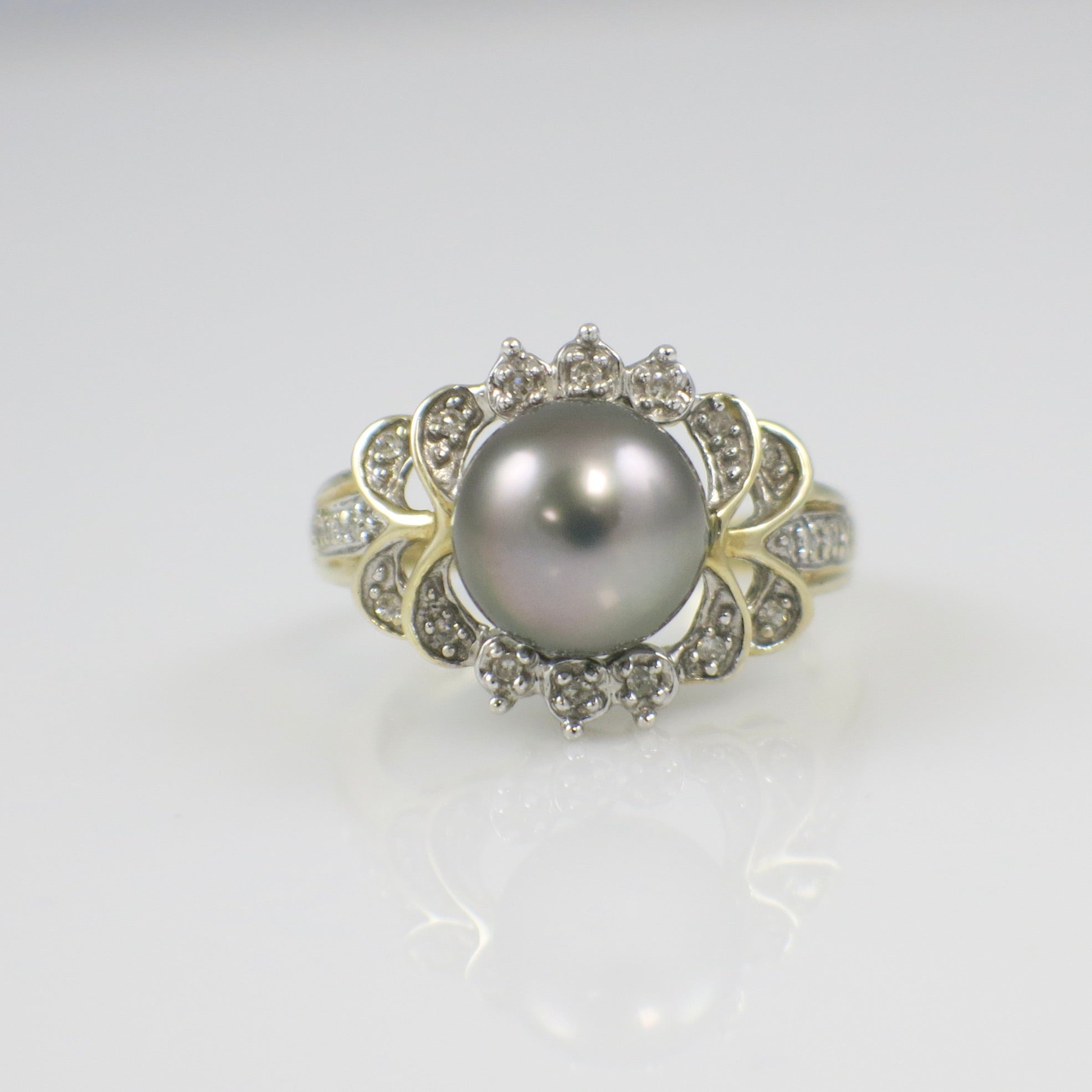 14K Yellow Gold Black Pearl Ring – 9.2mm Pearl with Diamond Accents, Vintage Floral Cluster