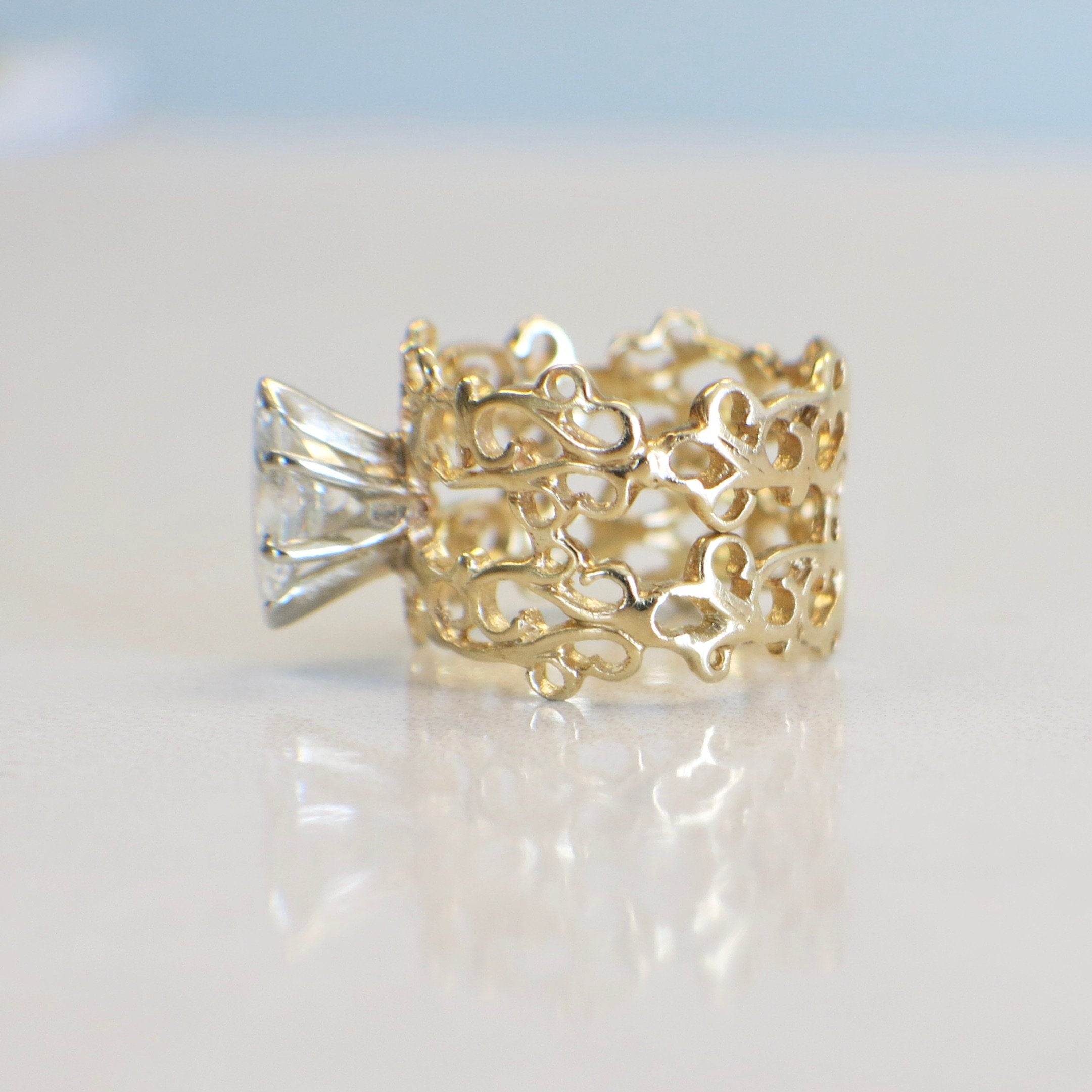 18K Yellow Gold Wide Scroll Band Ring | 1.00 CT Marquise Diamond Solitaire Size 7 - Black Market LLC