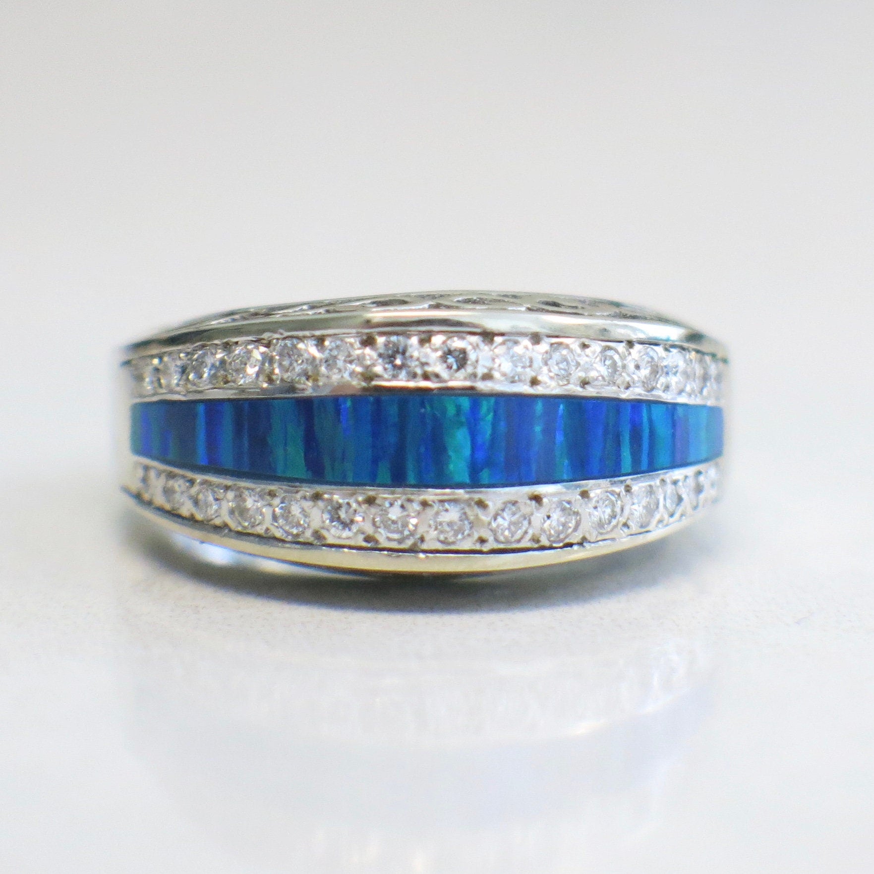 14K White Gold Australian Opal Inlay and Diamond Band, Vintage Filigree Ring - Black Market LLC