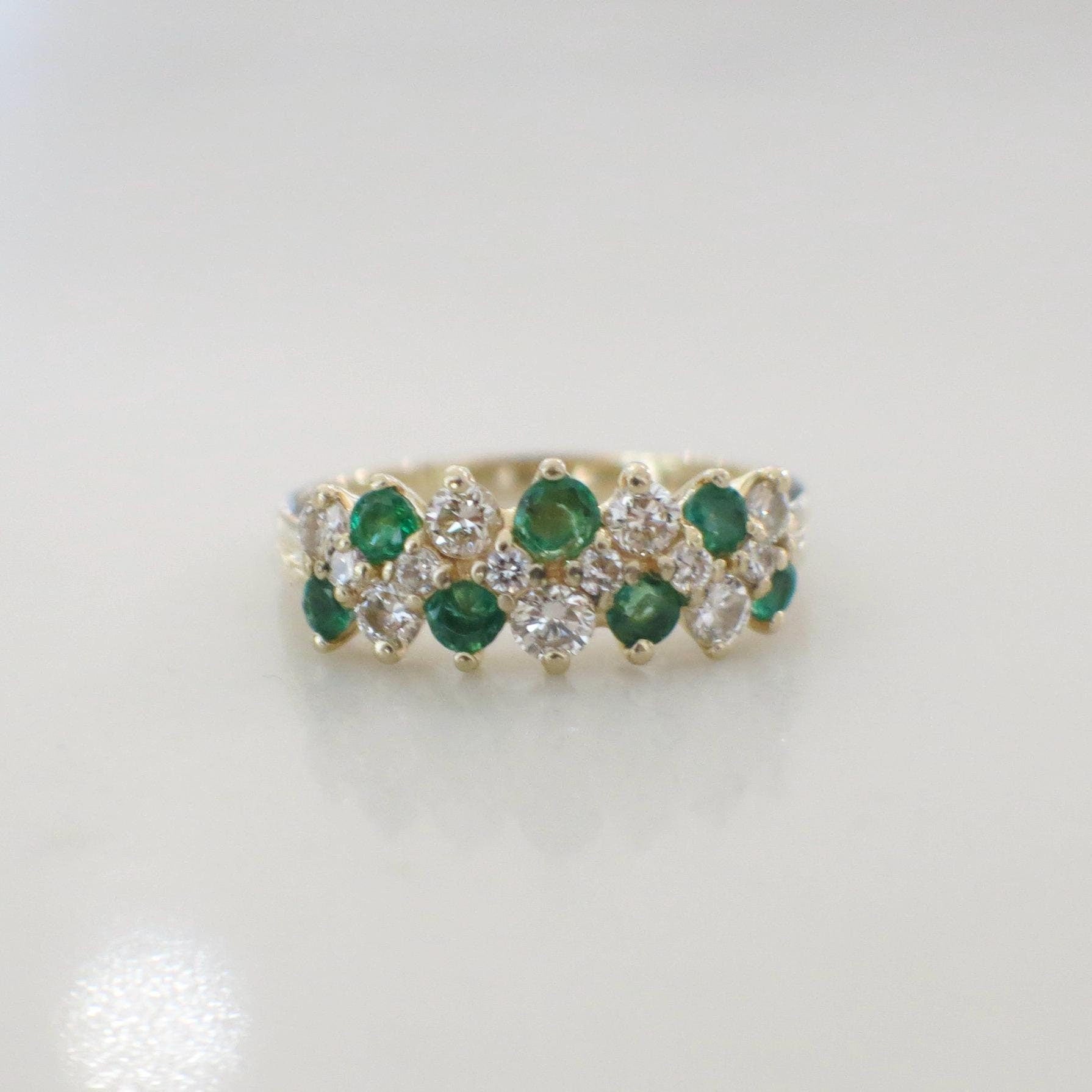 14K Yellow Gold Emerald and Diamond Band – Vintage Cluster Ring Size 6.25 - Black Market LLC