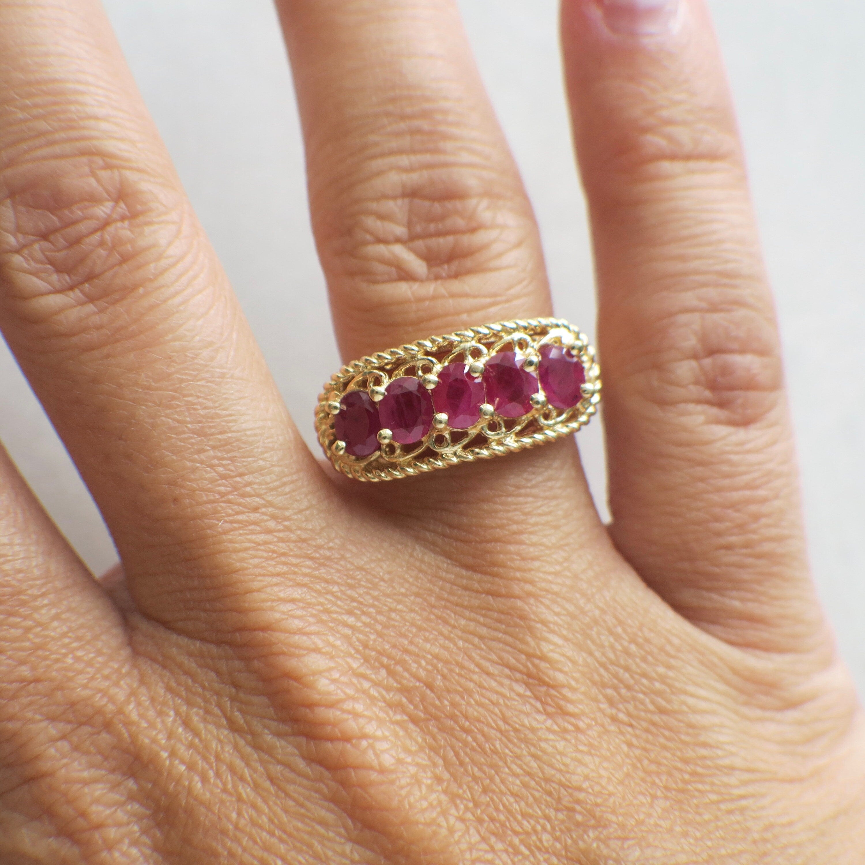 Vintage Ruby Five Stone Ring 14K Yellow Gold Oval Cut Wide Band - Black Market LLC