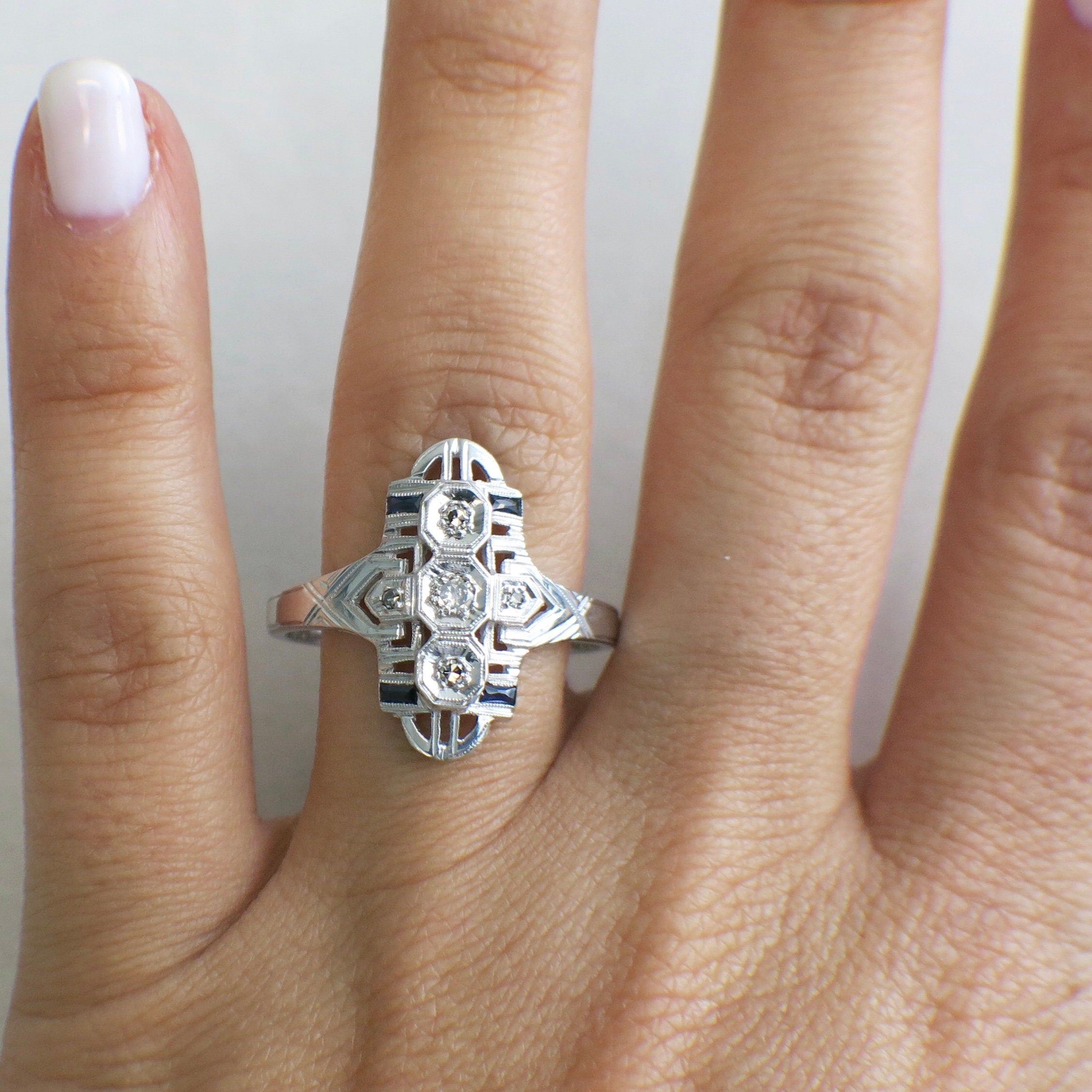 Art Deco Diamond and Sapphire Ring – 14K White Gold Vintage Style, Size 11 - Black Market LLC