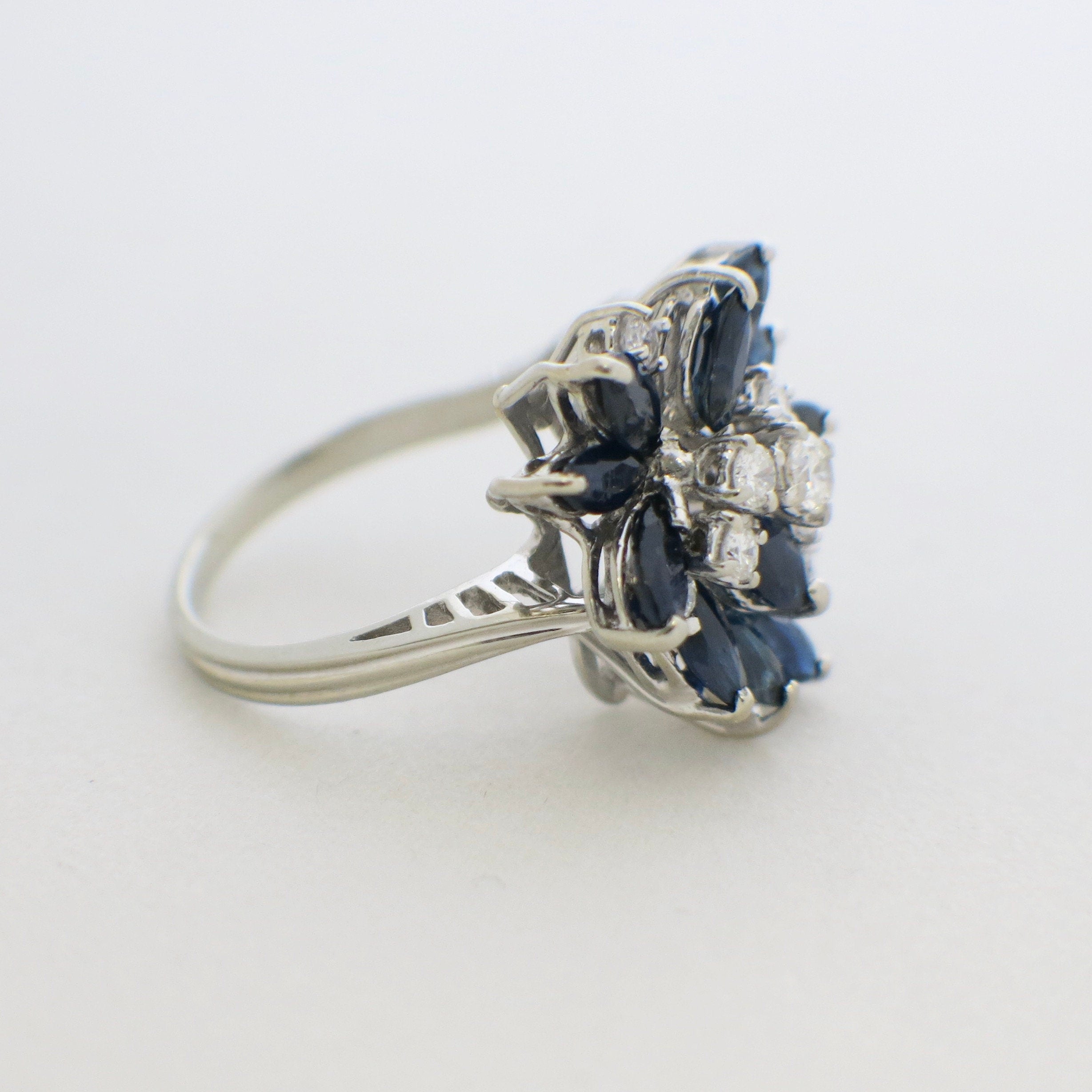18K White Gold Marquise Sapphire & Diamond Cluster Ring – Vintage Statement, Size 7 - Black Market LLC