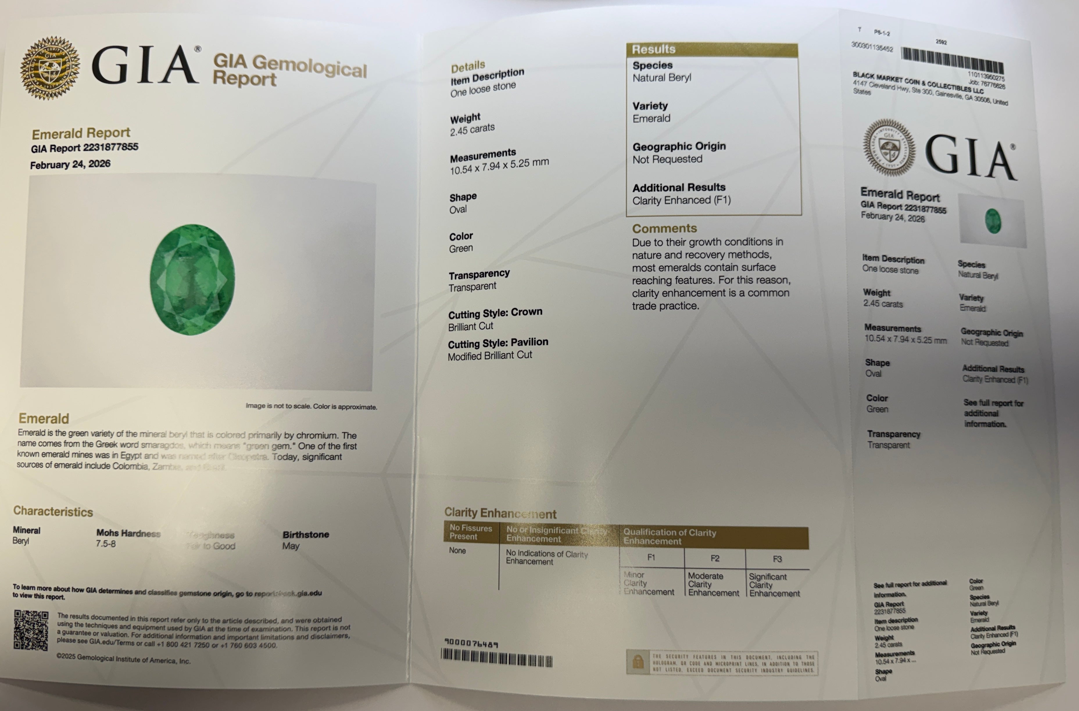 GIA Certified Emerald 2.45ct Oval Green Beryl, F1 Minor Enhancement, 10.54 x 7.94mm