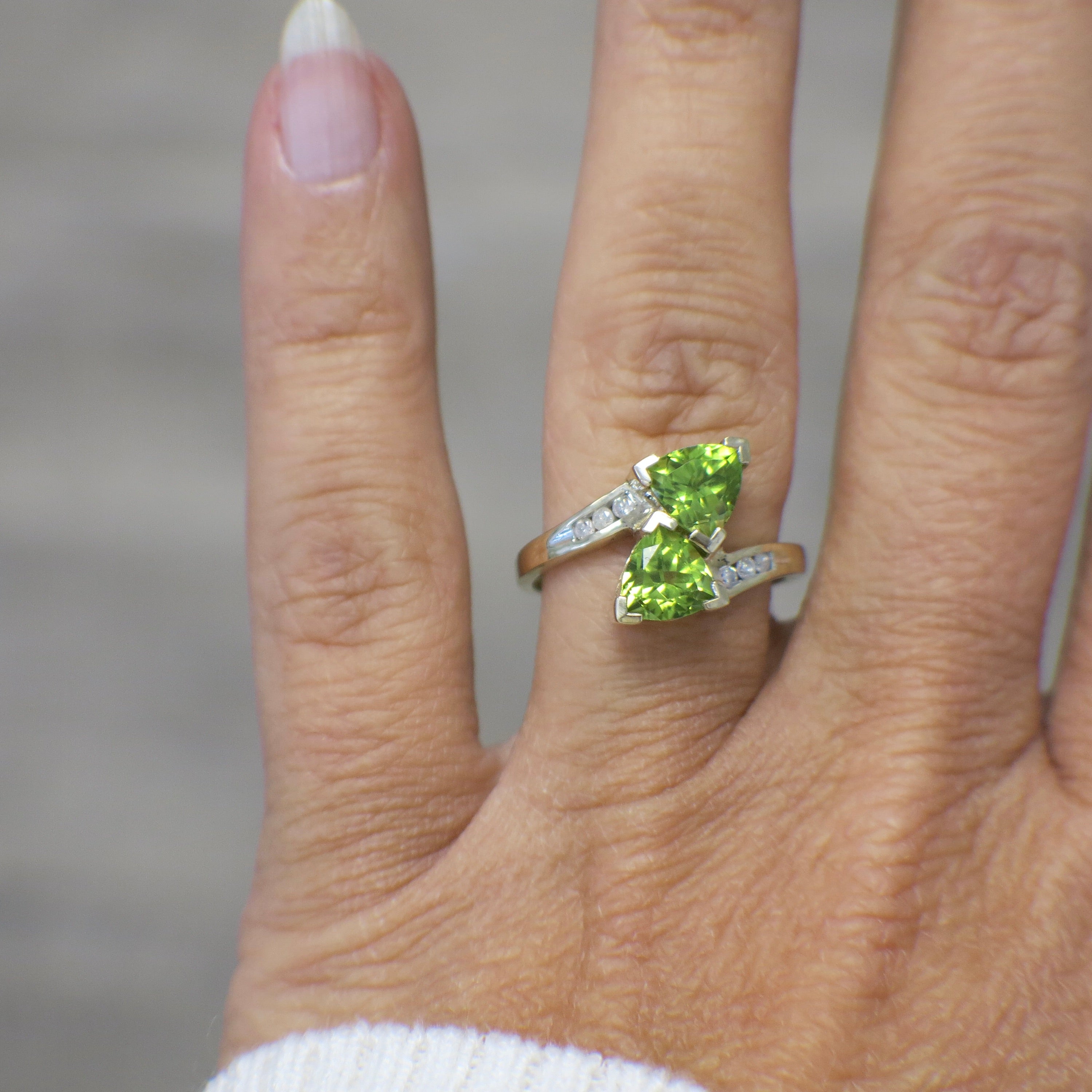 10K Yellow Gold Peridot Ring – Trillion Cut Bypass Ring with Diamond Accents