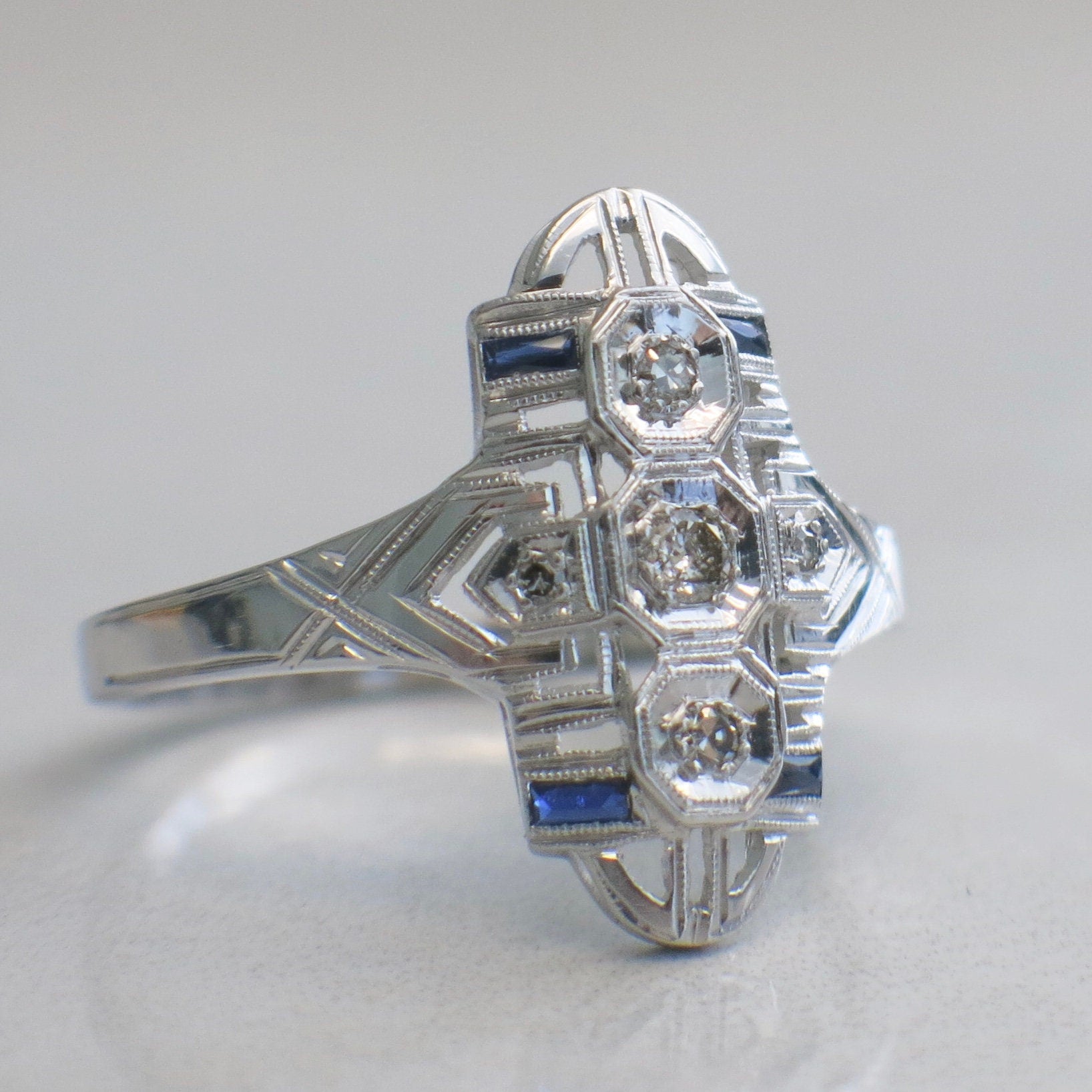 Art Deco Diamond and Sapphire Ring – 14K White Gold Vintage Style, Size 11 - Black Market LLC