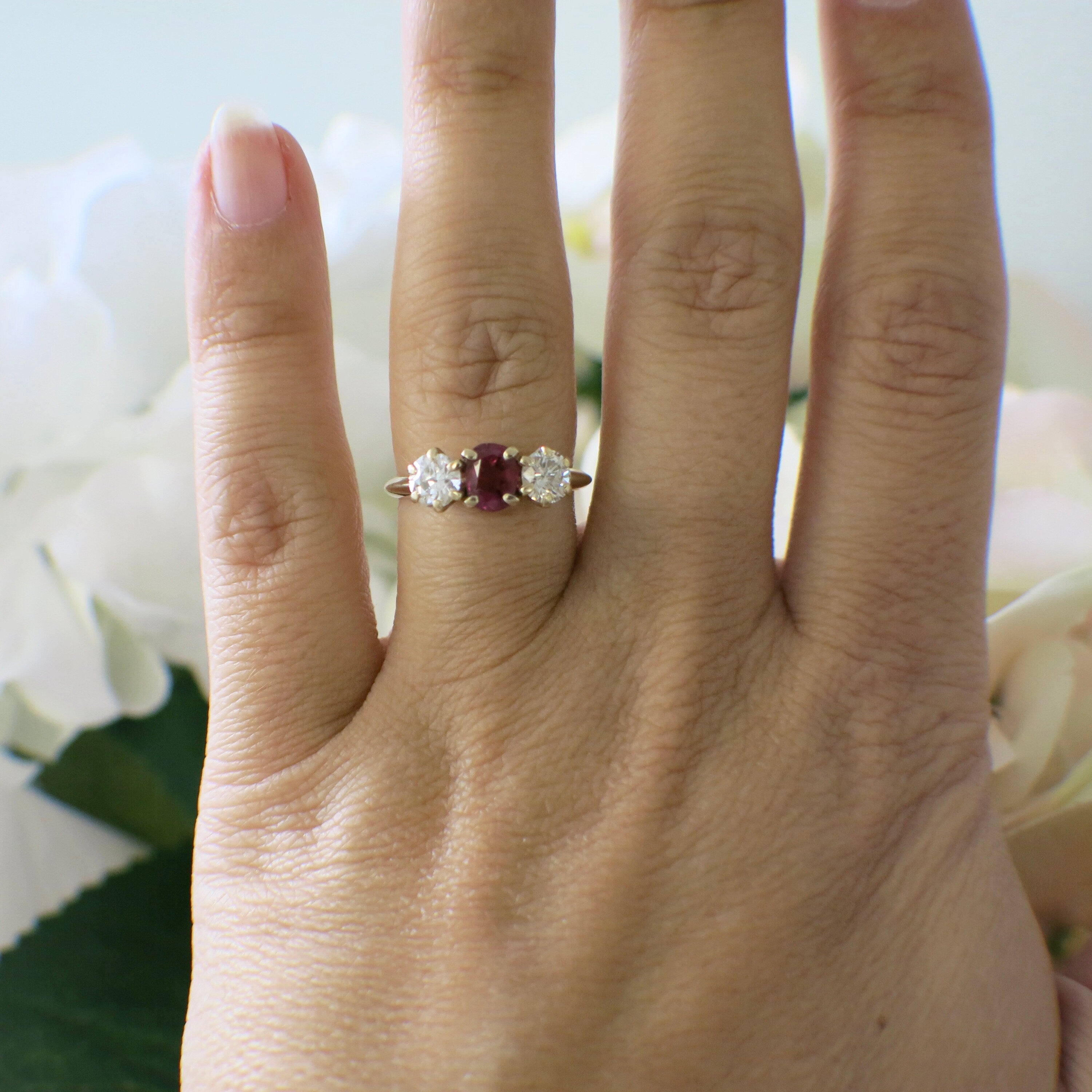 14K Yellow Gold Ruby and Diamond Three-Stone Ring | Vintage Alternative Engagement 1.00ctw Size 5.75 - Black Market LLC