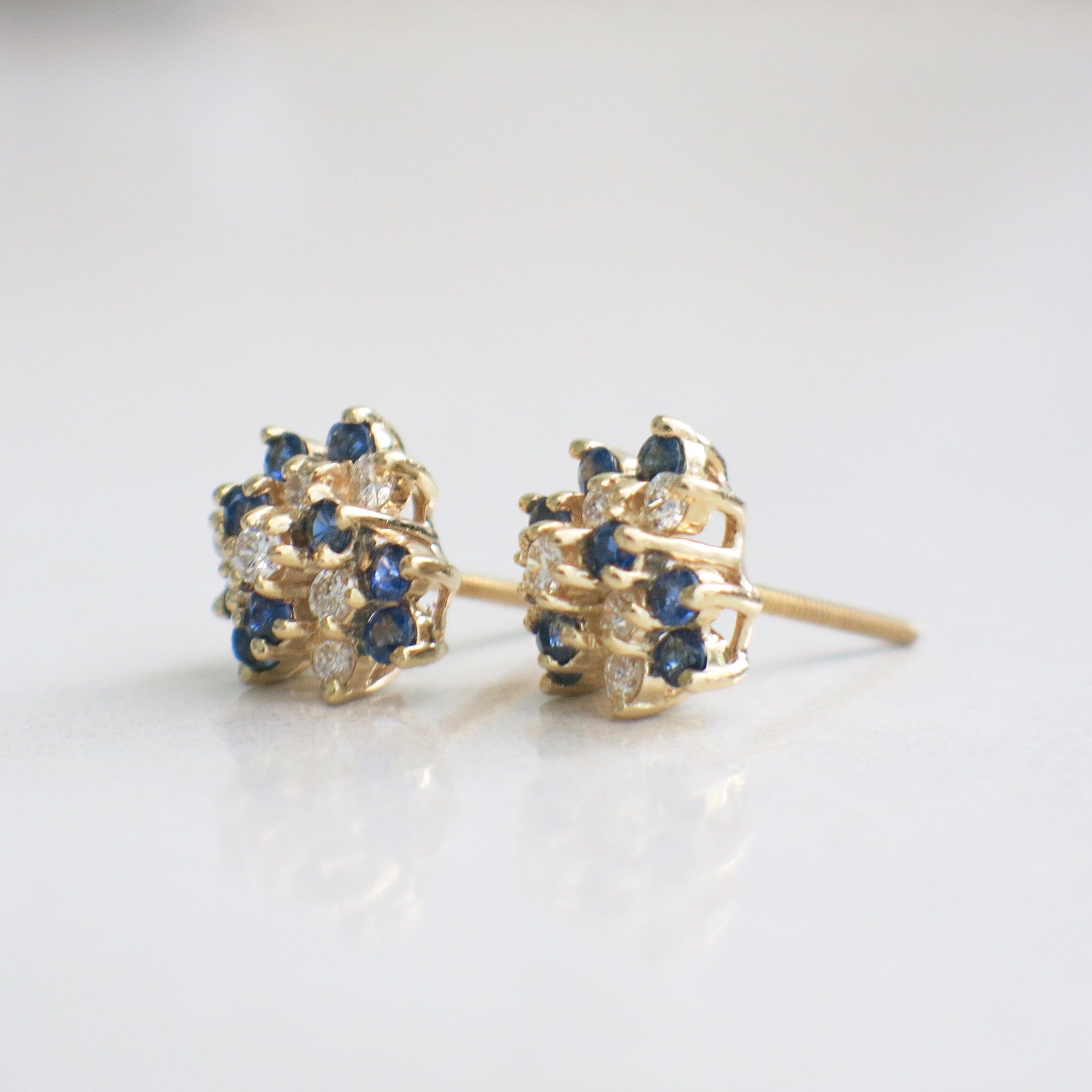 14K Yellow Gold Sapphire & Diamond Cluster Earrings | Vintage Floral Studs with Threaded Backs - Black Market LLC