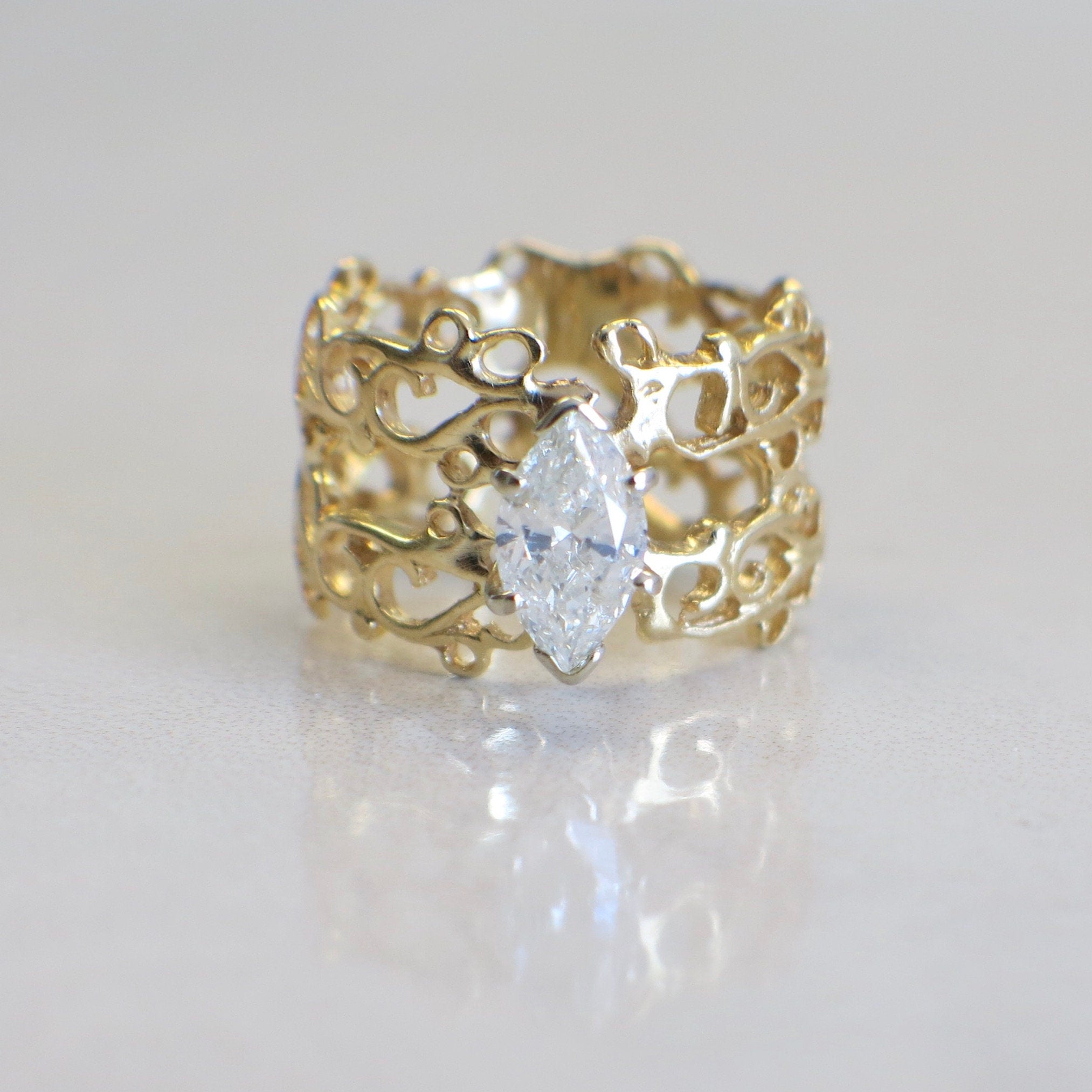 18K Yellow Gold Wide Scroll Band Ring | 1.00 CT Marquise Diamond Solitaire Size 7 - Black Market LLC