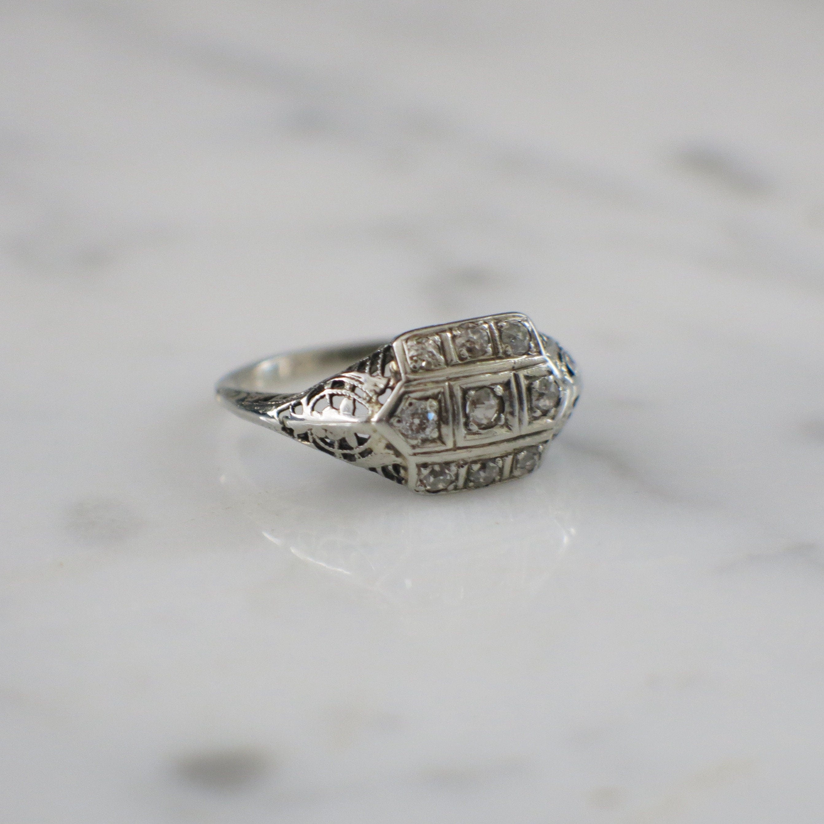 Art Deco Diamond Filigree Ring | 14K White Gold Vintage Engagement Ring .21 CTW Size 6.5 - Black Market LLC
