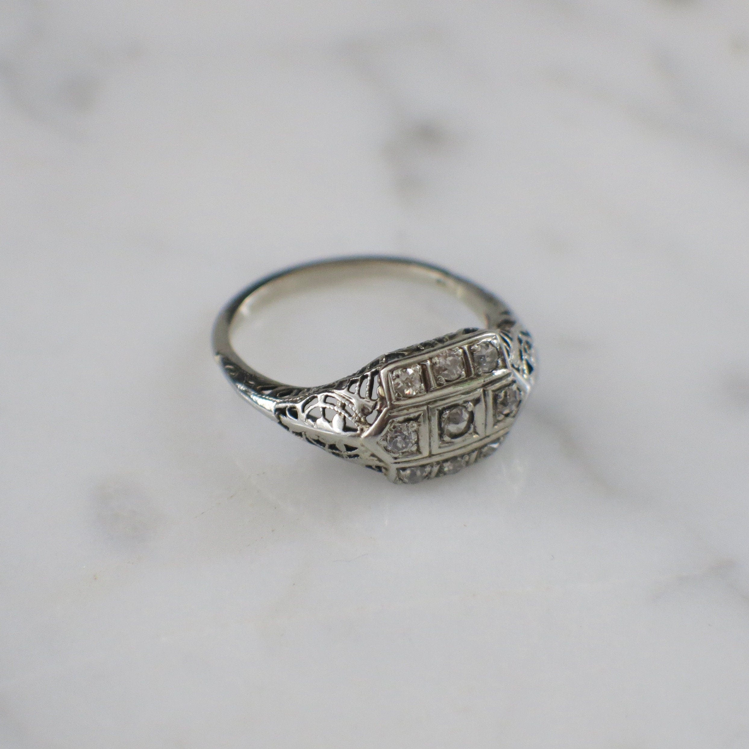 Art Deco Diamond Filigree Ring | 14K White Gold Vintage Engagement Ring .21 CTW Size 6.5 - Black Market LLC